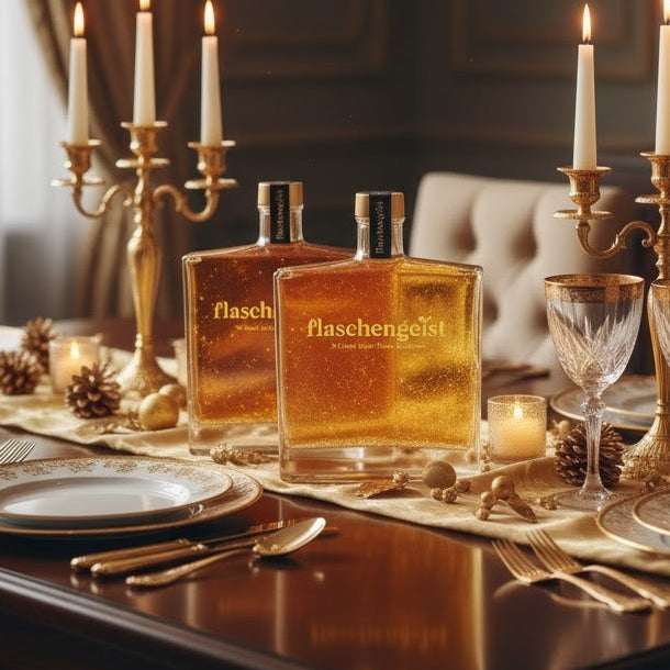 Flaschengeist Liquid Luxury: The Gilded Decanter Duo - individually pack with two shot glasses + Flaschengeist fine chocolates - Super Offer