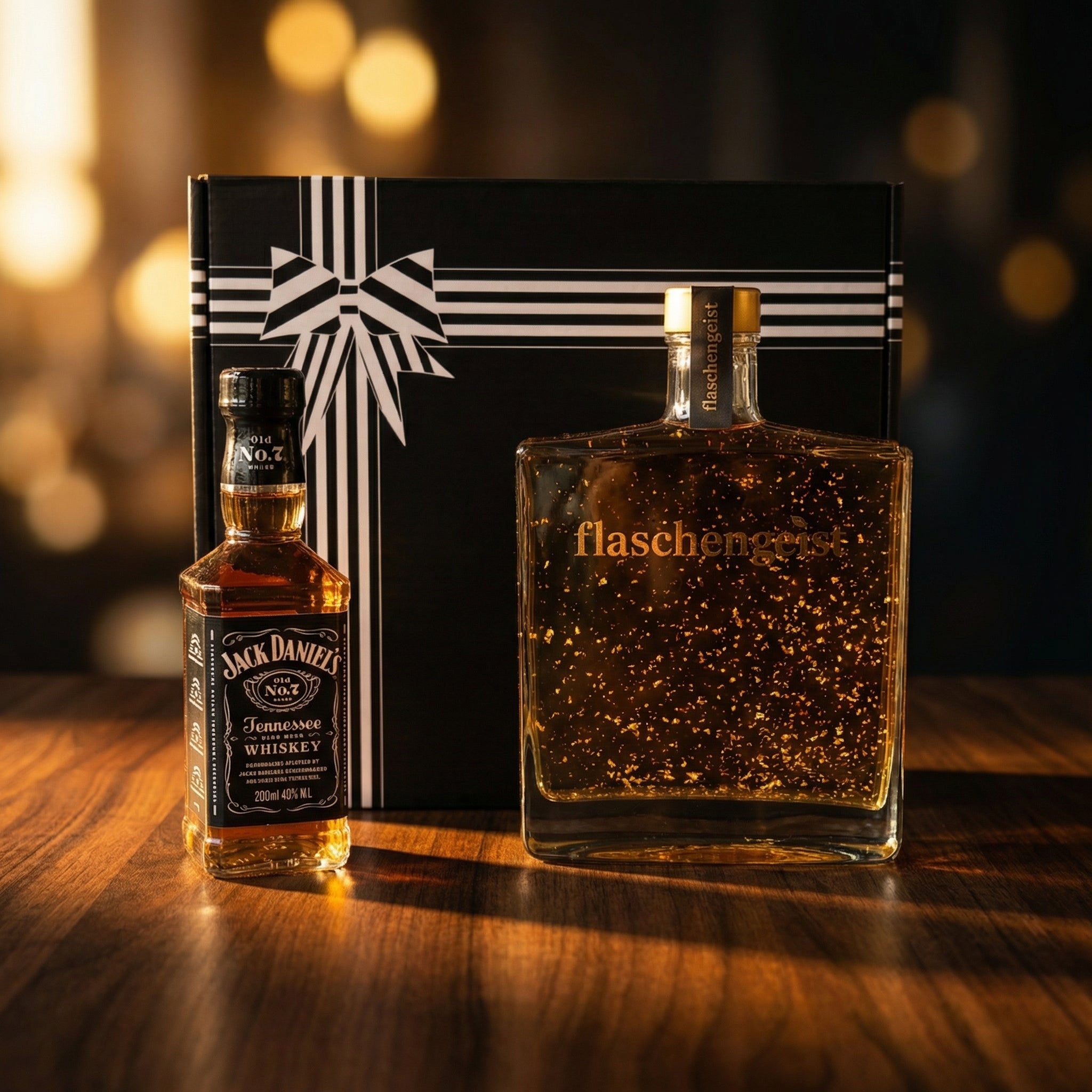Flaschengeist Luxe Bottle 700ml with Honey Highland Liqueur + Jack Daniel's 350ml + Gold Flakes Daniel's 350ml &