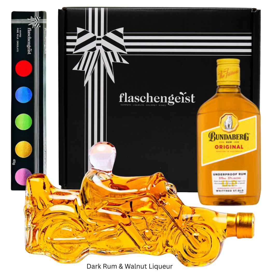 Flaschengeist Motorbike Gift Hamper filled with Dark Rum & Walnut with 375ml Bundaberg + Flaschengeist Fine chocolates, The Ultimate Biker Gift Idea