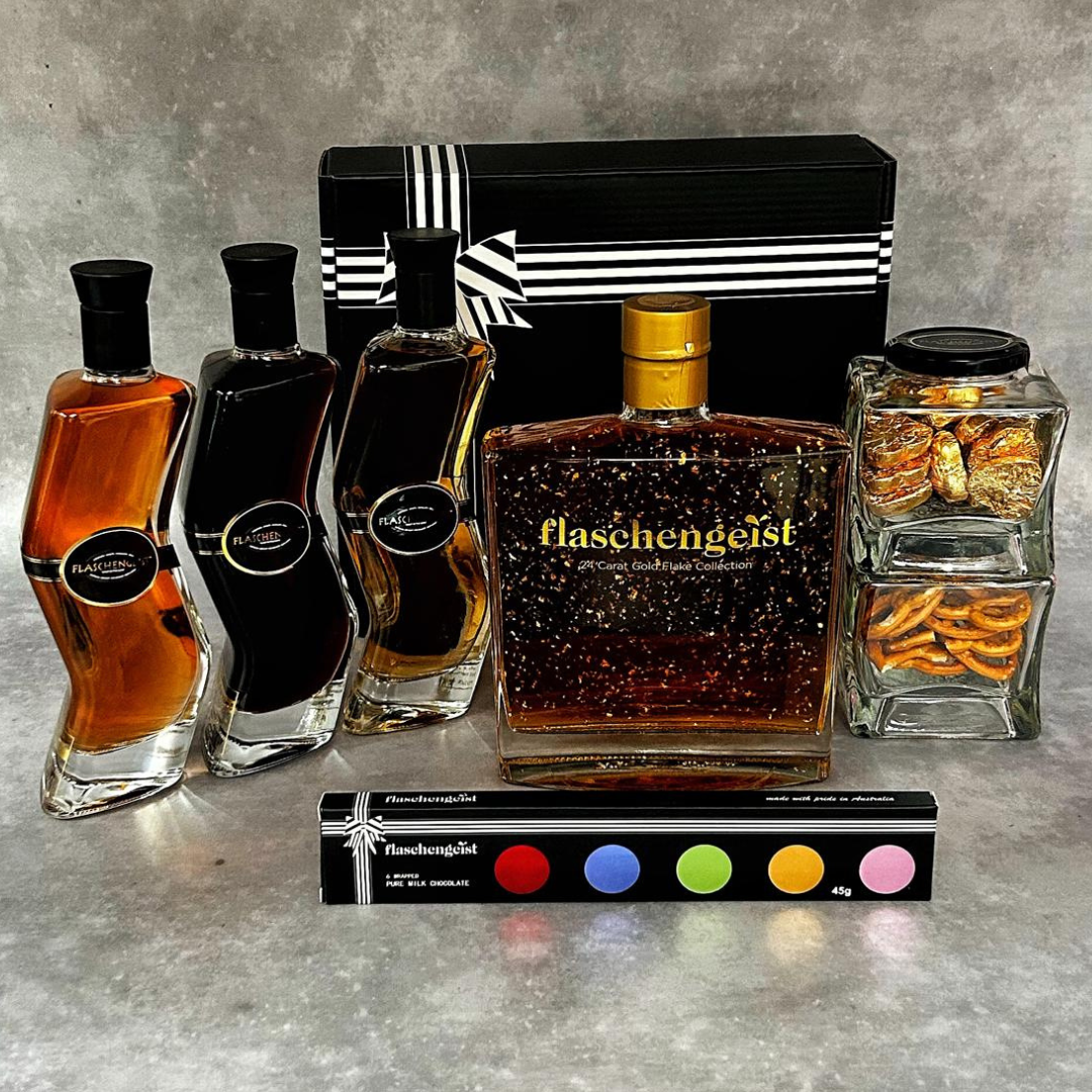 Flaschengeist Luxe Decanter, 3 Z Bottles, Jars (Chocolates & Pretzels) + Chocolates