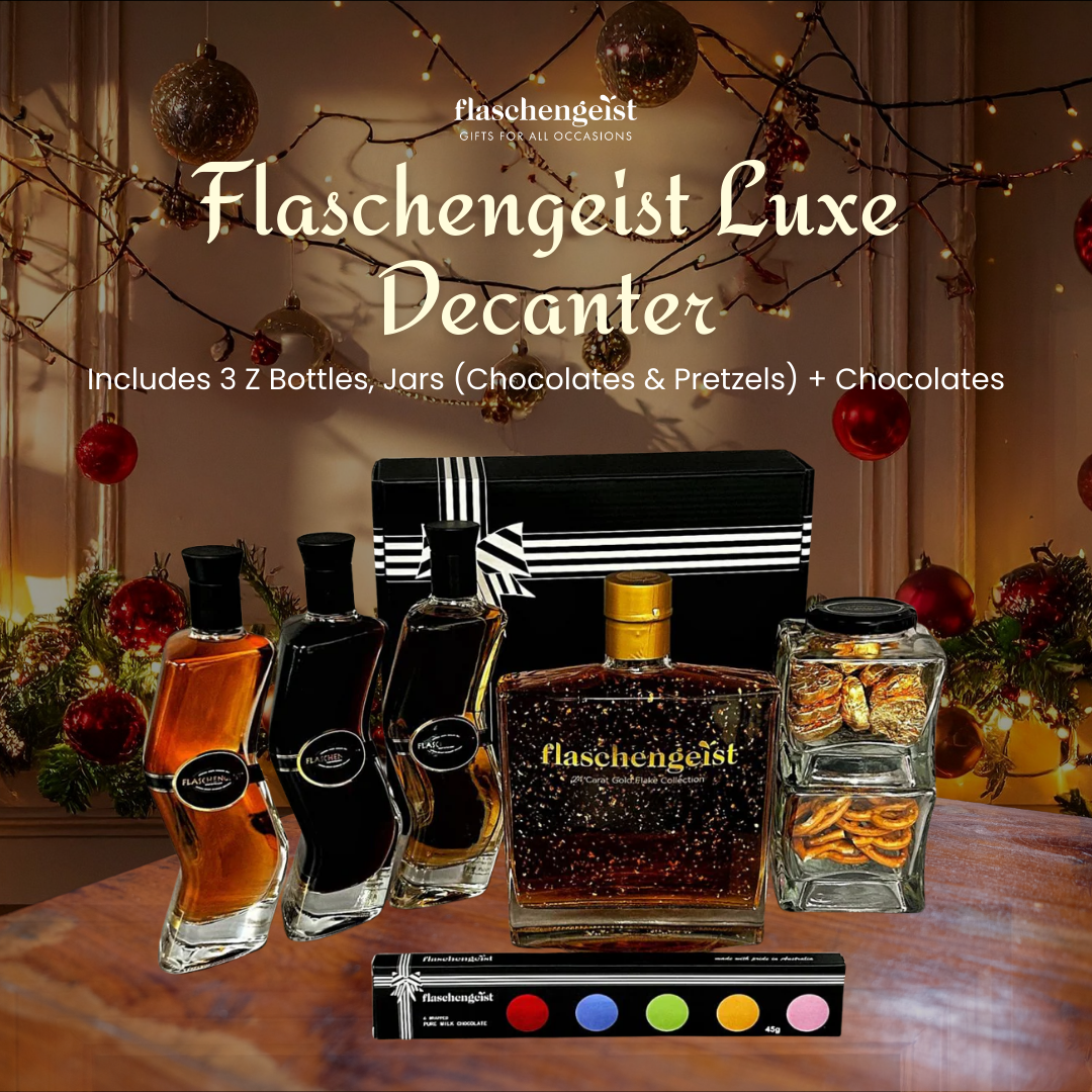 Flaschengeist Luxe Decanter, 3 Z Bottles, Jars (Chocolates & Pretzels) + Chocolates