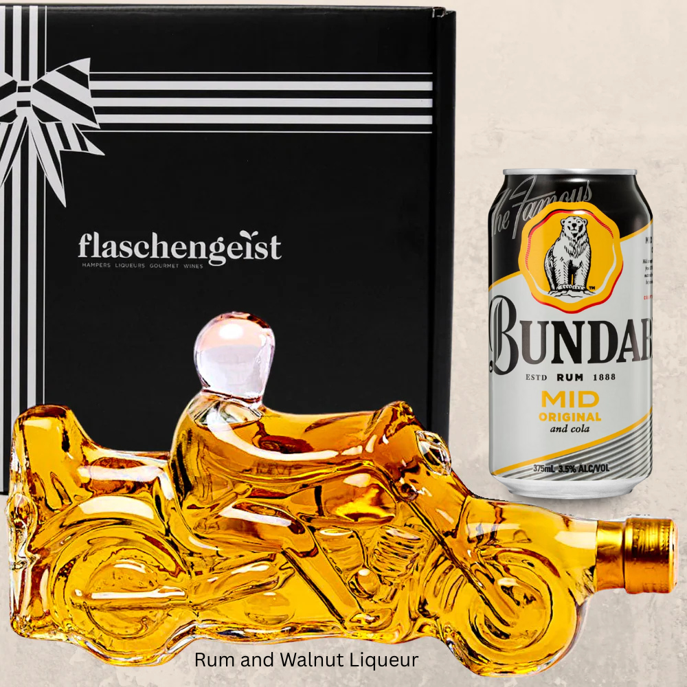 Flaschengeist Motorbike bottle filled with Rum and Walnut Liqueur + Bundaberg Cola