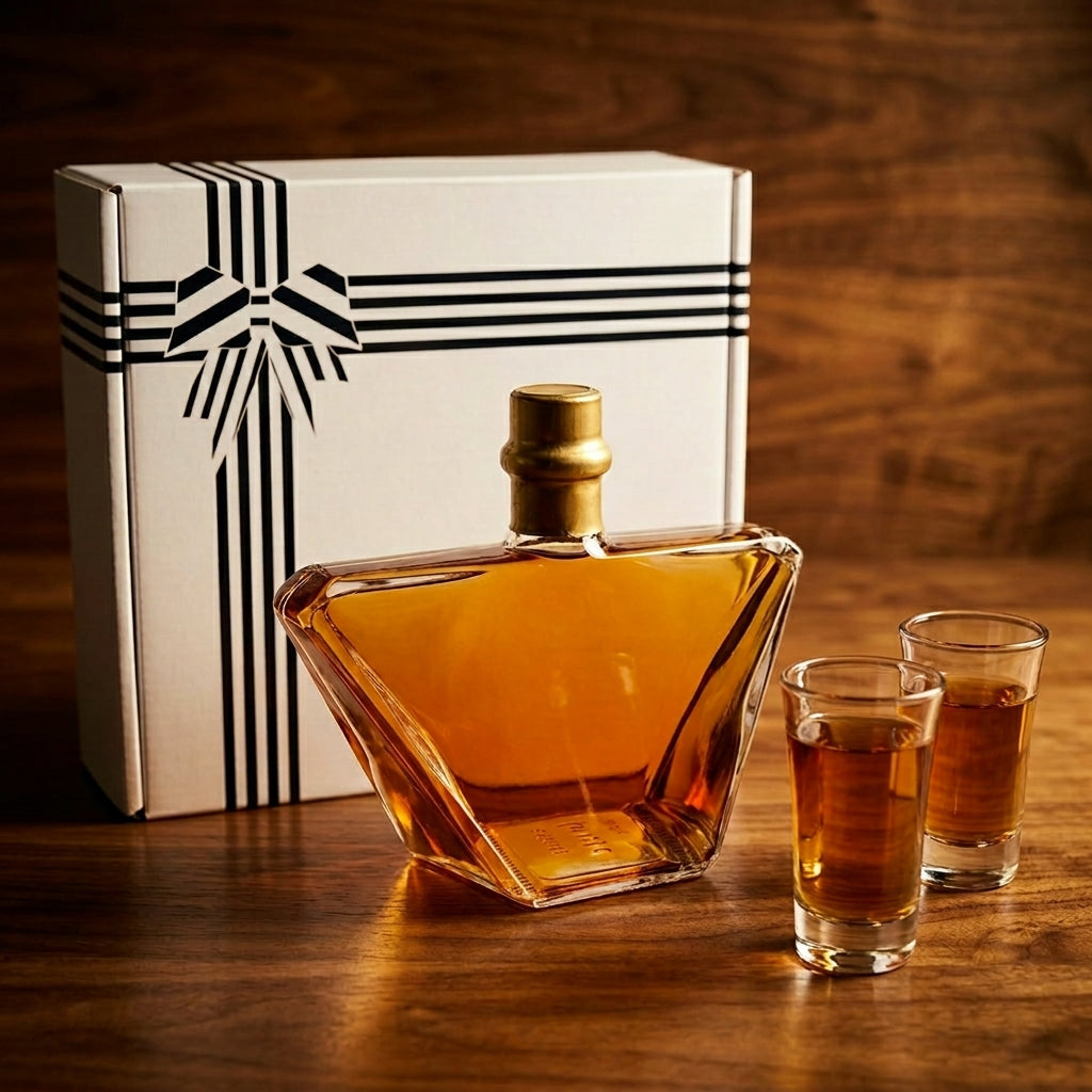 Flaschengeist Amadeus Decanter Birthday Gift — complete gift set with handcrafted glass Amadeus decanter bottle, two shot glasses, and premium presentation box