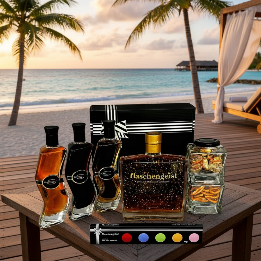 Flaschengeist Luxe Decanter, 3 Z Bottles, Jars (Chocolates & Pretzels) + Chocolates