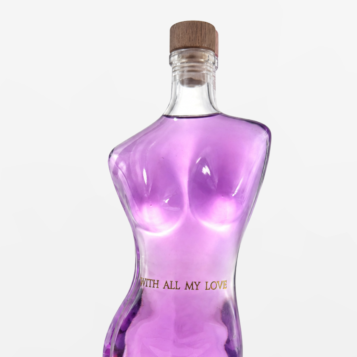 Flaschengeist Eve Decanter Birthday Gift — close-up of personalised gold metal label reading With All My Love on Eve decanter bottle