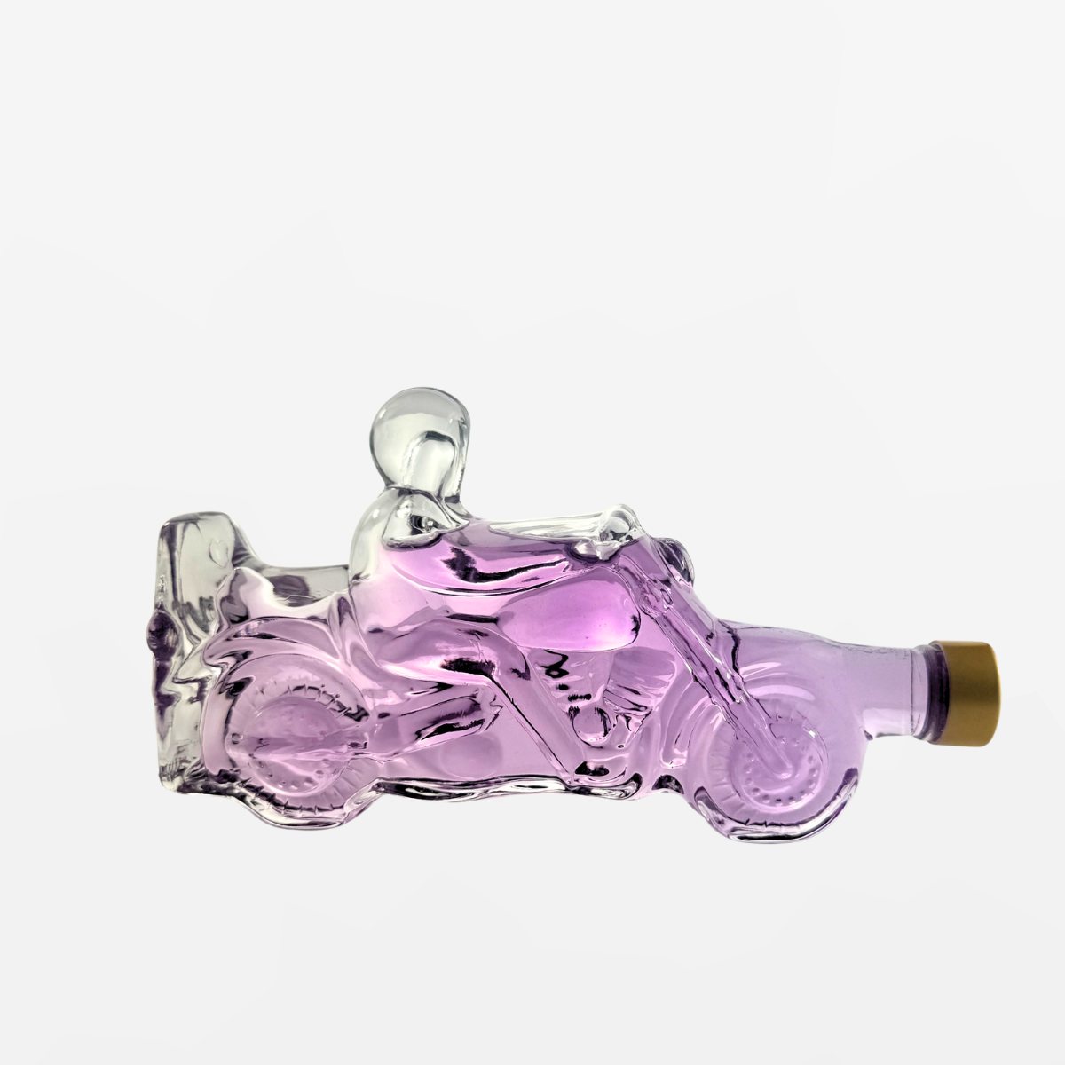 Flaschengeist Motorcycle Birthday Gift — detailed handcrafted glass motorcycle bottle filled with premium spirits, front-facing hero shot on cream background