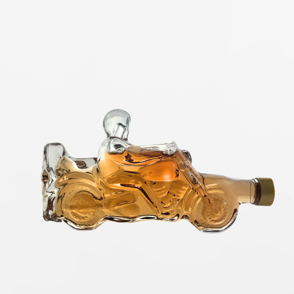 Flaschengeist Motorcycle Birthday Gift — detailed handcrafted glass motorcycle bottle filled with premium spirits, front-facing hero shot on cream background