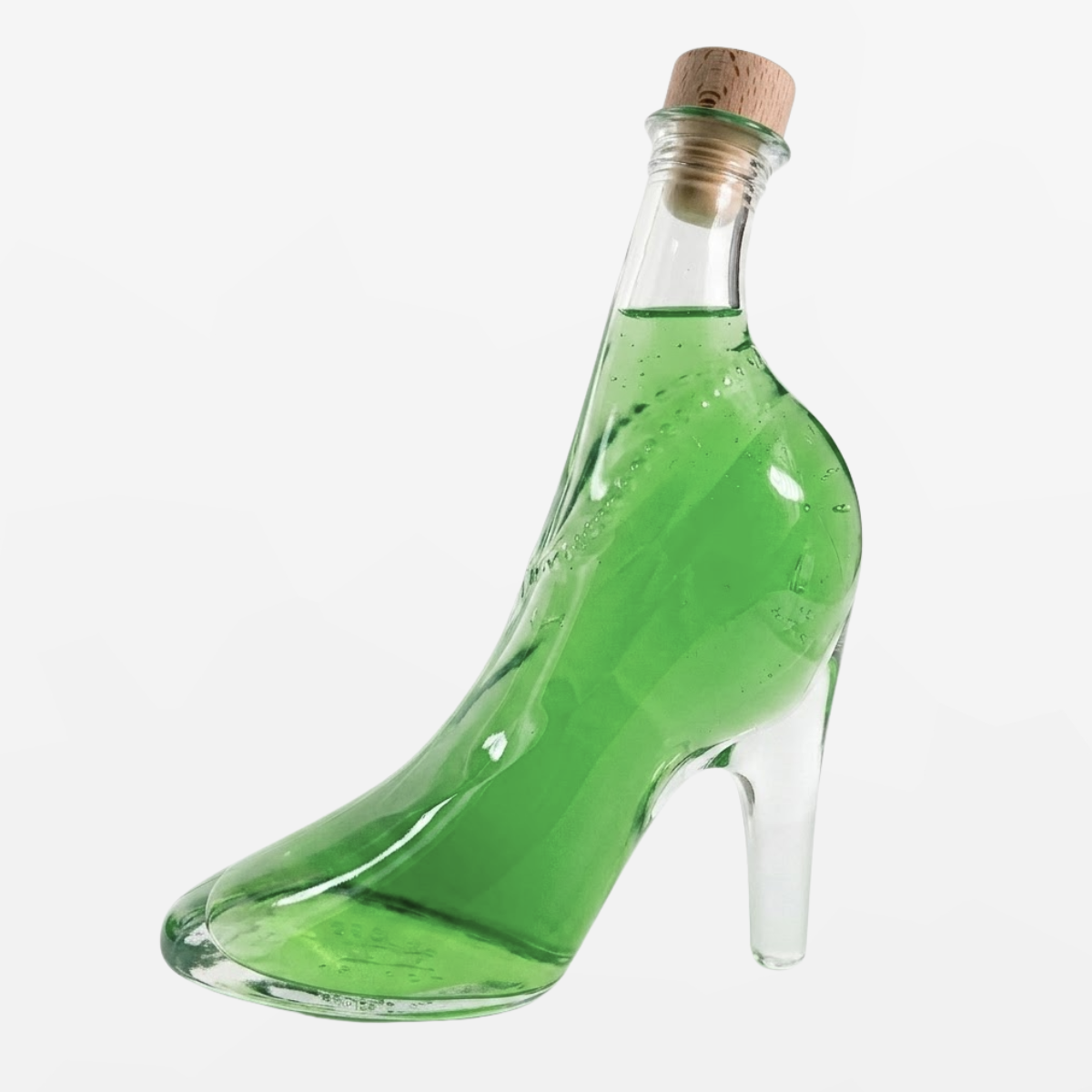 Flaschengeist Stiletto Birthday Gift — bold, fashion-forward handcrafted glass stiletto heel bottle filled with premium spirits, front-facing hero shot on cream background