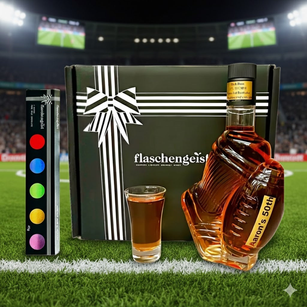 Flaschengeist Football Bottle - Gift Box + Shot Glass + Flaschengeist Fine Chocolates - An Iconic Gift for AFL & NRL Fans