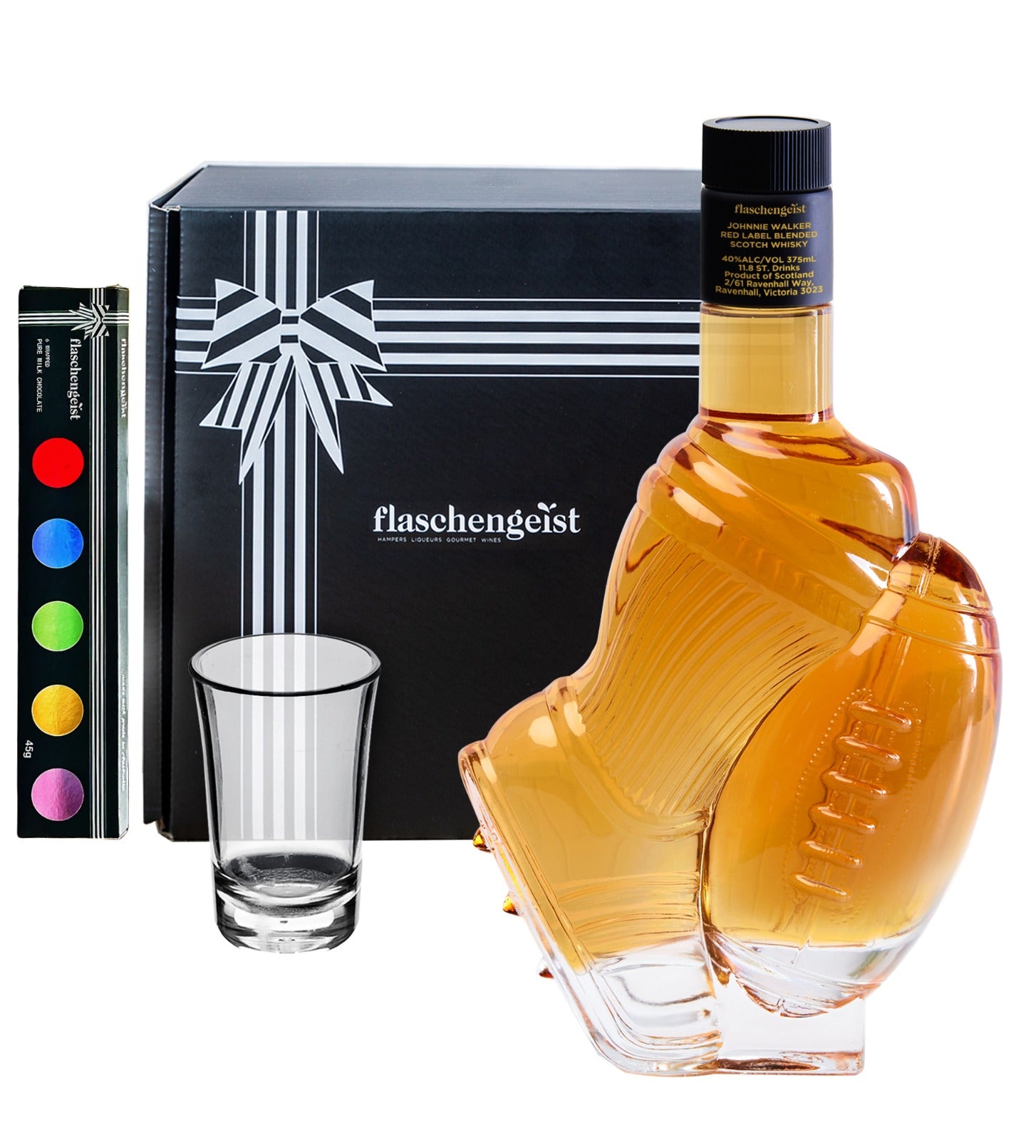 Flaschengeist Football Bottle - Gift Box + Shot Glass + Flaschengeist Fine Chocolates - An Iconic Gift for AFL & NRL Fans