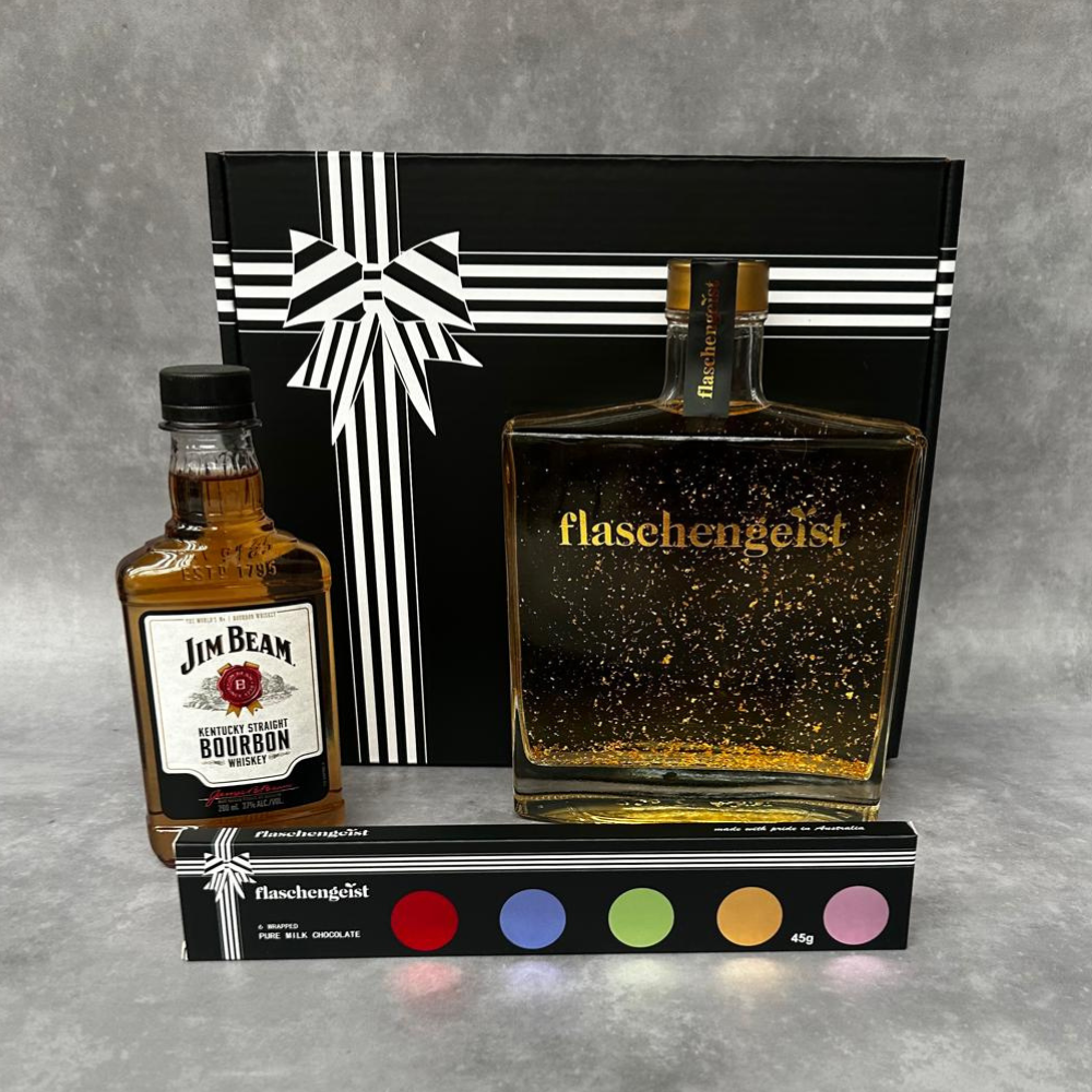 Jim Beam Bourbon & Flaschengeist Luxe Decanter with Southern Liqueur + Gold Flakes & Chocolates