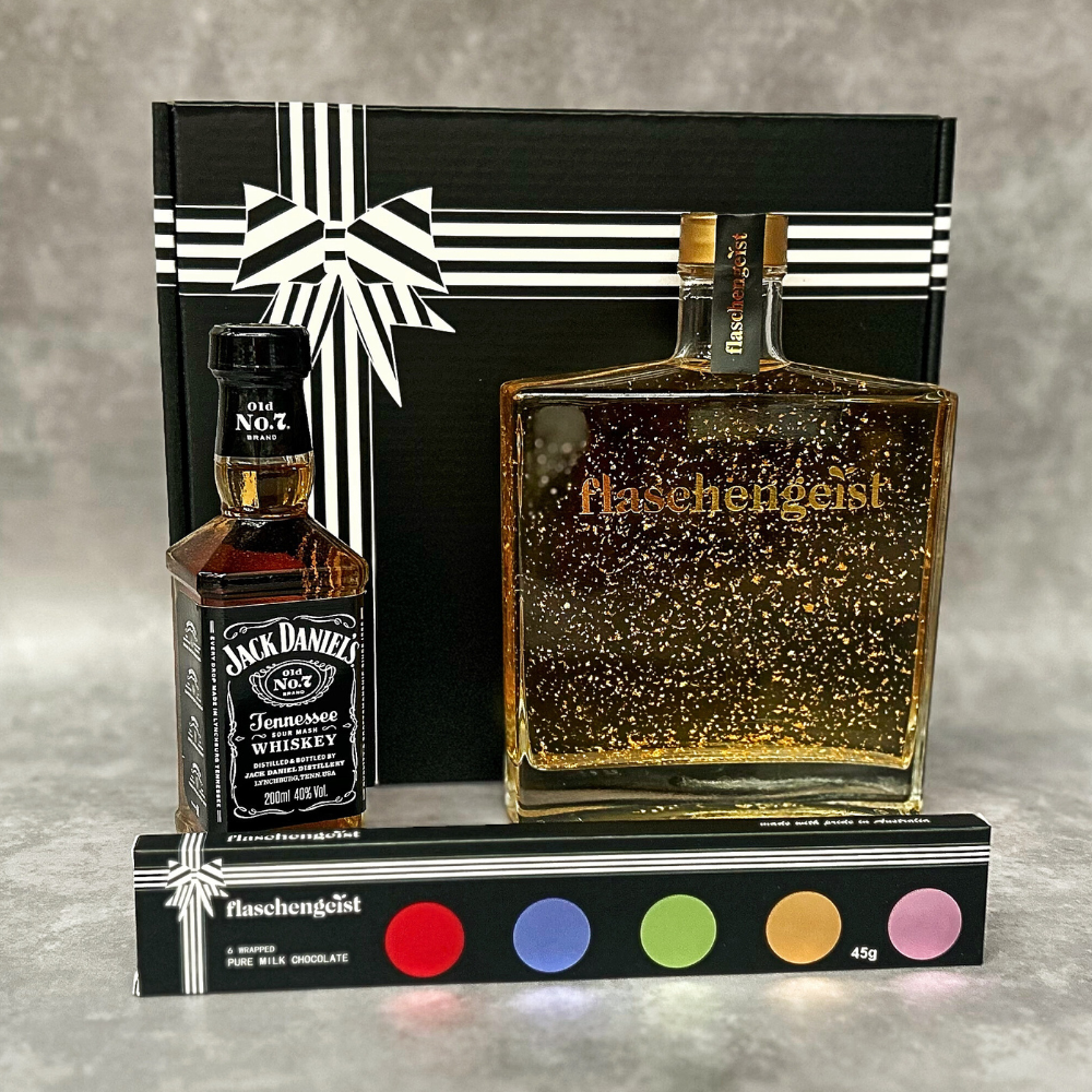 Jack Daniel's 200ml & Flaschengeist Luxe Bottle 700ml with Honey Highland Liqueur + Gold Flakes and Chocolates