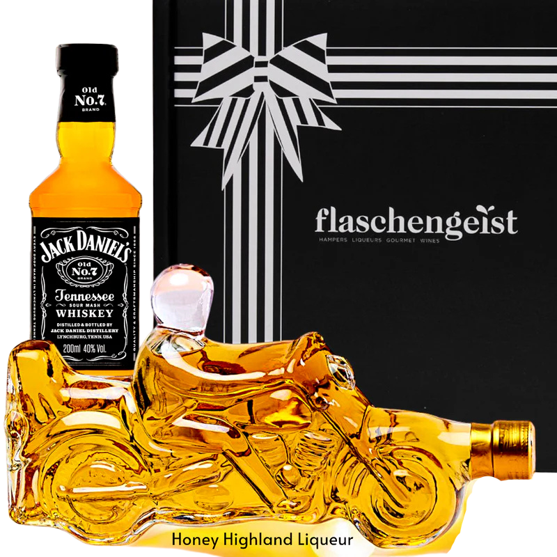 Flaschengeist Motorbike Bottle Gift Hamper filled with Honey Highland with Jack Daniel's Whiskey - Perfect Gift for every day and Fathers Day