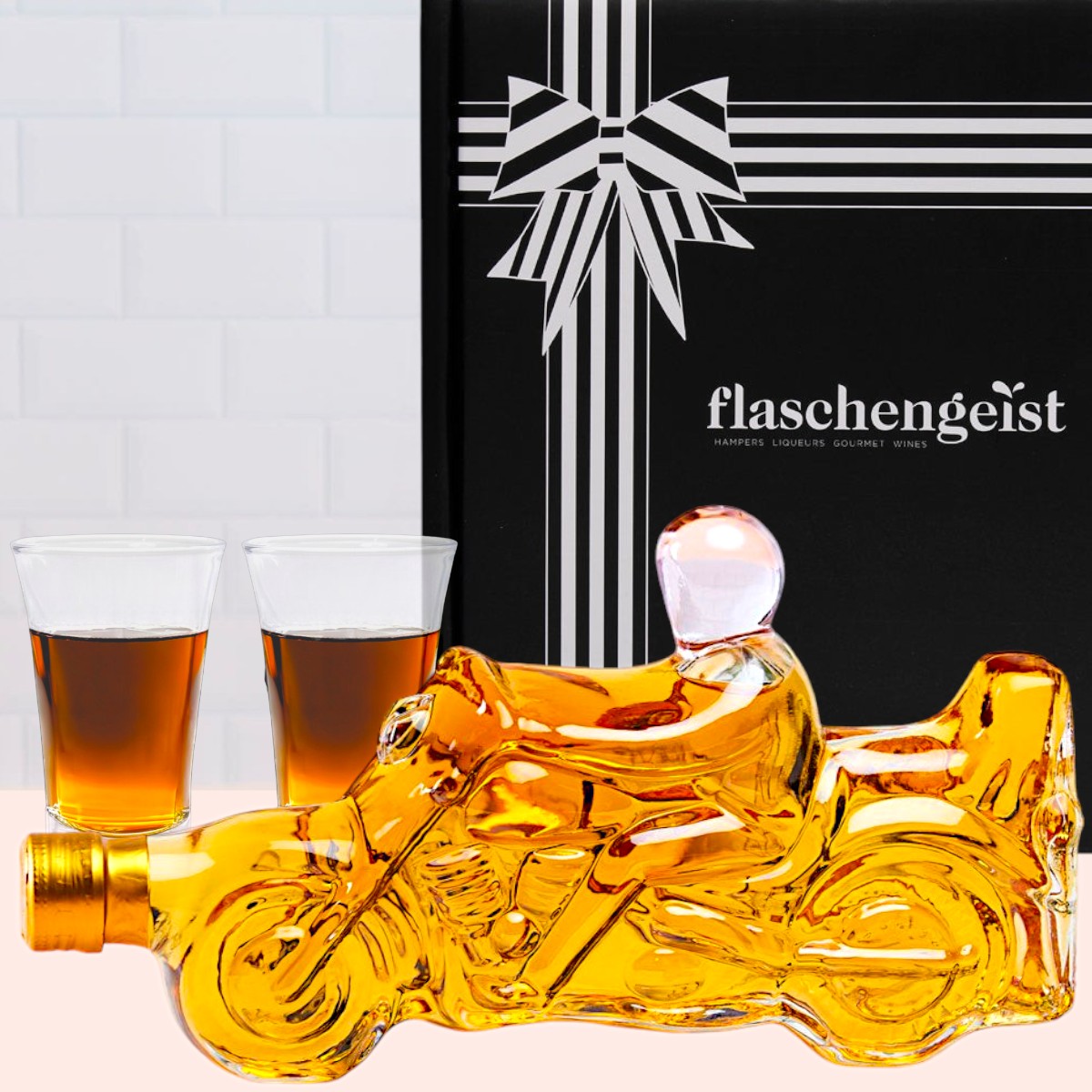 Flaschengeist Motorbike Bottle - Gift Box + 2 Shot Glasses + Flaschengeist Fine Chocolates - The Ultimate Biker Gift Idea