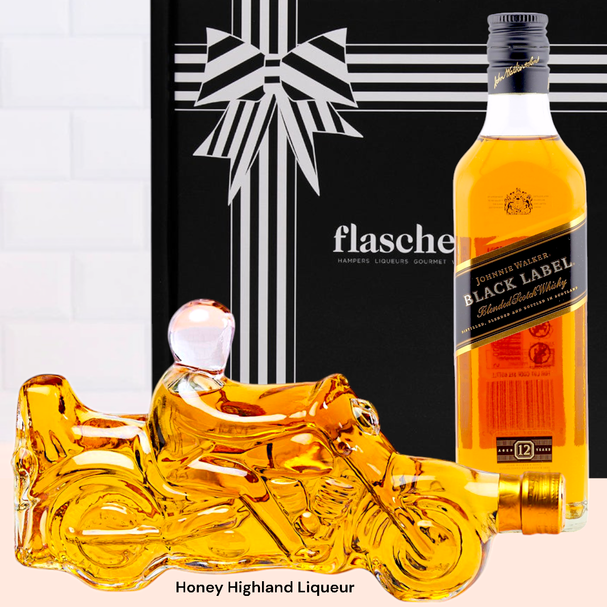 Flaschengeist Motorbike Bottle Gift Hamper with Johnnie Walker Black Label, Honey Highland Liqueur & Fine Chocolates | A Great Adventure