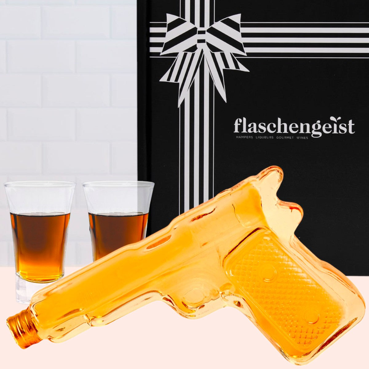 Flaschengeist Pistol Bottle - Gift Box+ 2 shot glasses + Fine Chocolates - The Ultimate Gift for Men