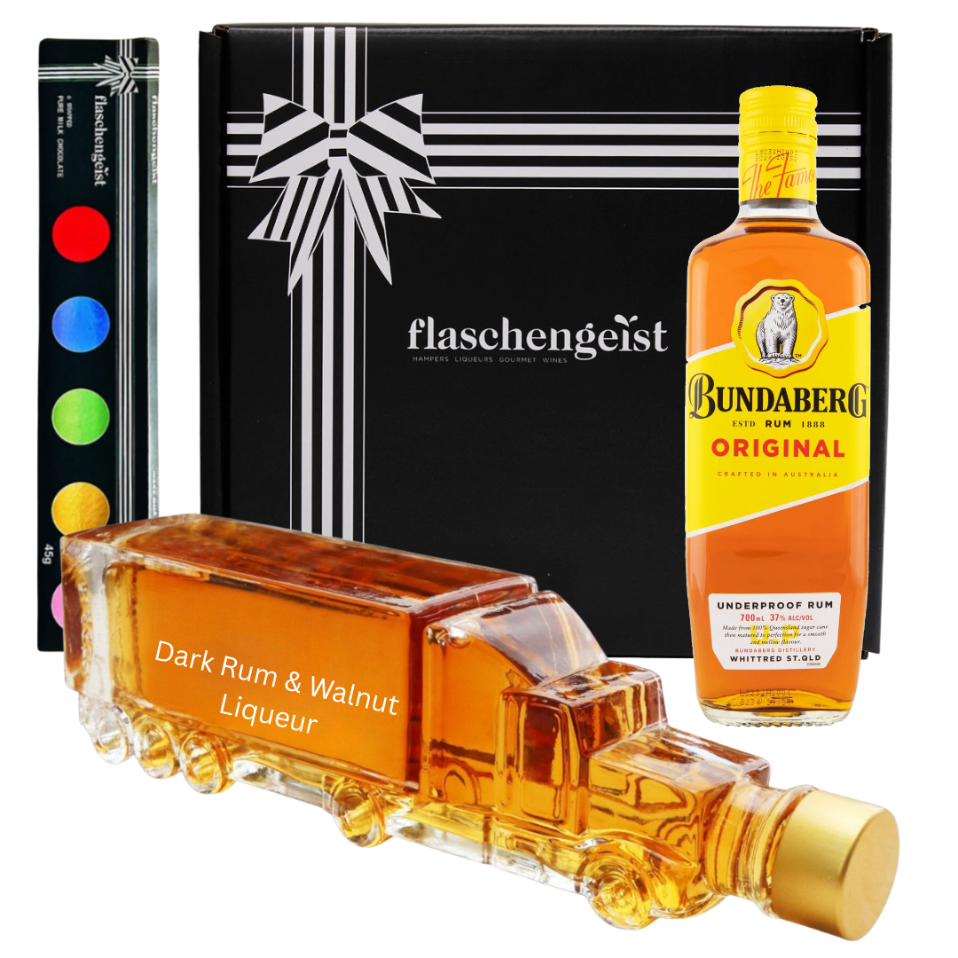 Flaschengeist Truck Gift Hamper with Bundaberg 700 ml and Flaschengeist Dark Rum & Walnut Liqueur + Flaschengeist Fine Chocolates - Ultimate Truckie's Rum Gift