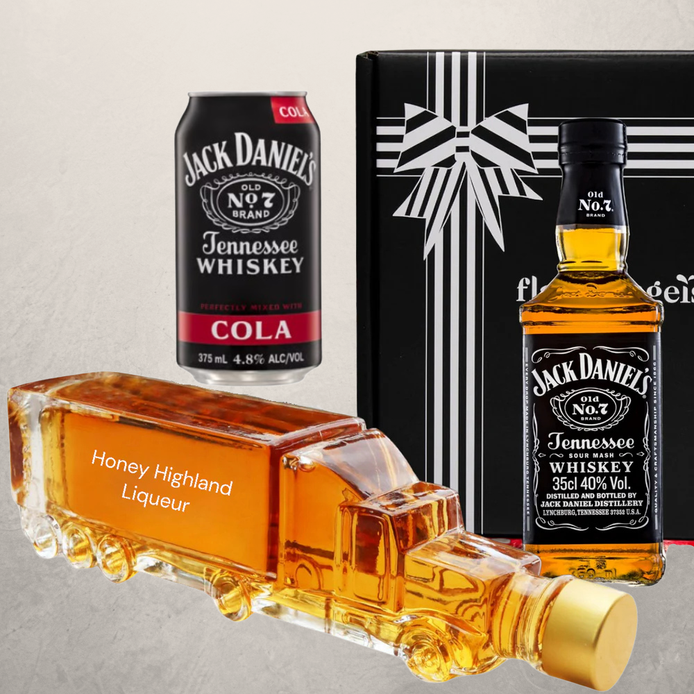 Flaschengeist Truck Bottle Gift Hamper with Jack Daniel's Whiskey, Honey Highland Liqueur & Cola Can | The Mixologist's Dream