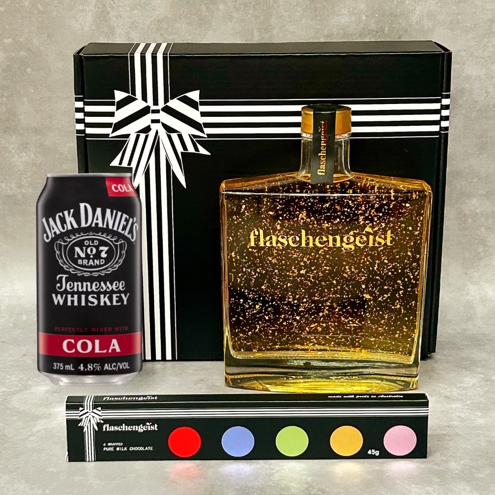 Flaschengeist Luxe Decanter with Honey Highland Liqueur with 24 carat gold flakes + Jack Daniel's Cola + Flaschengeist Chocolates -The Ultimate Man Cave Gift