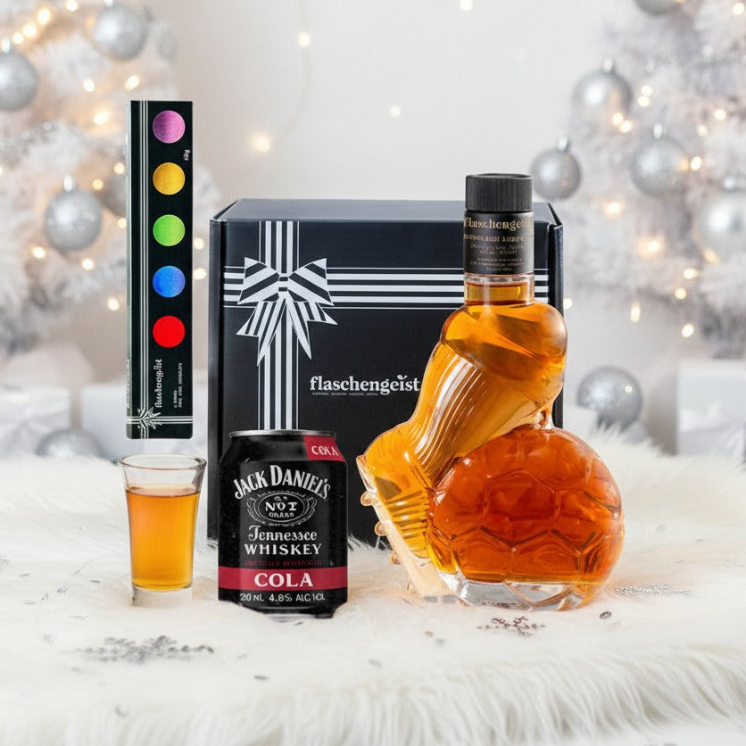Flaschengeist Soccer Ball Gift Hamper - Honey Highland Liqueur 375mL and Jack Daniel's Cola Can 250mL + 1 Shot Glass + Chocolates | Christmas 2025