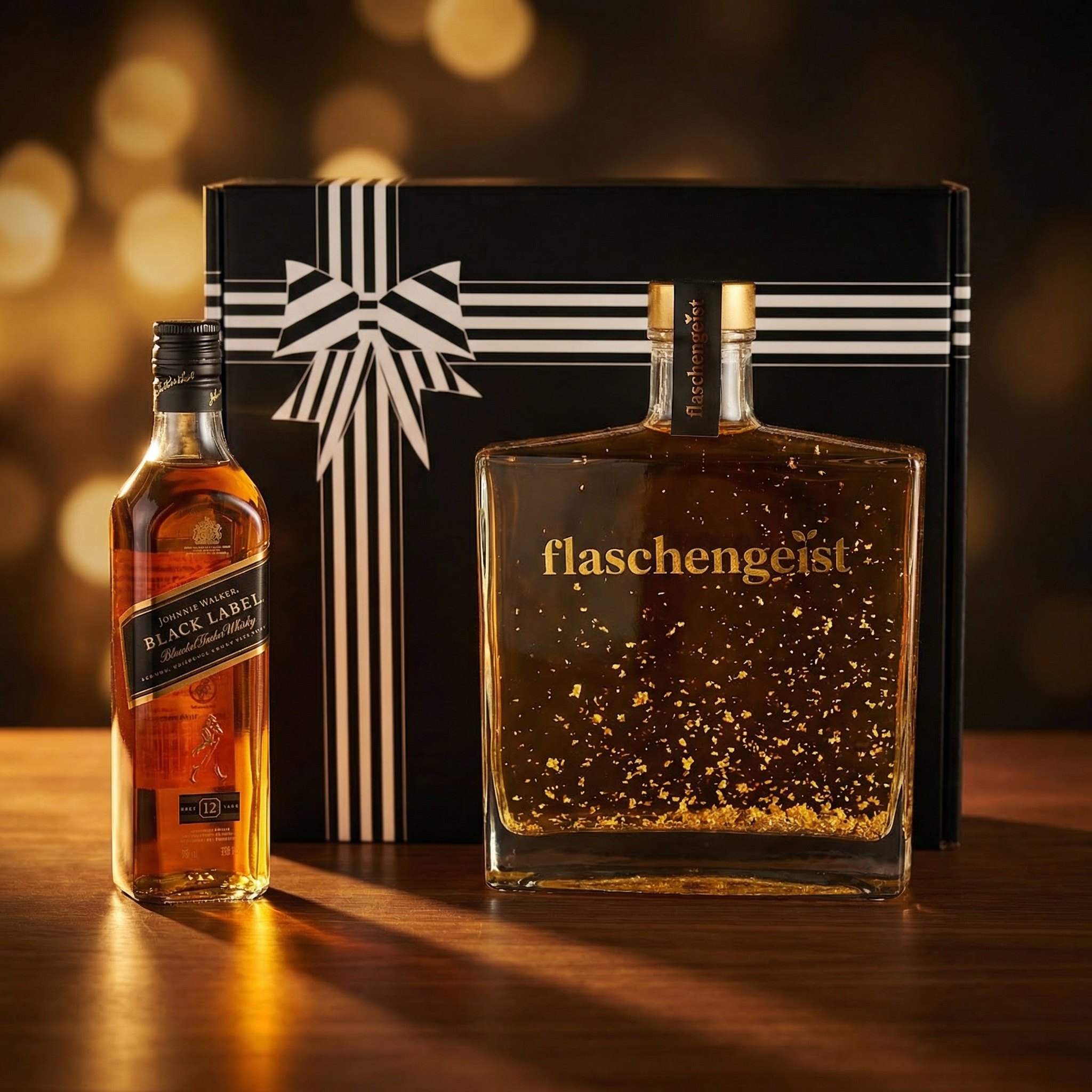 Flaschengeist Luxe glass decanter with gold flakes and premium Scotch pairing