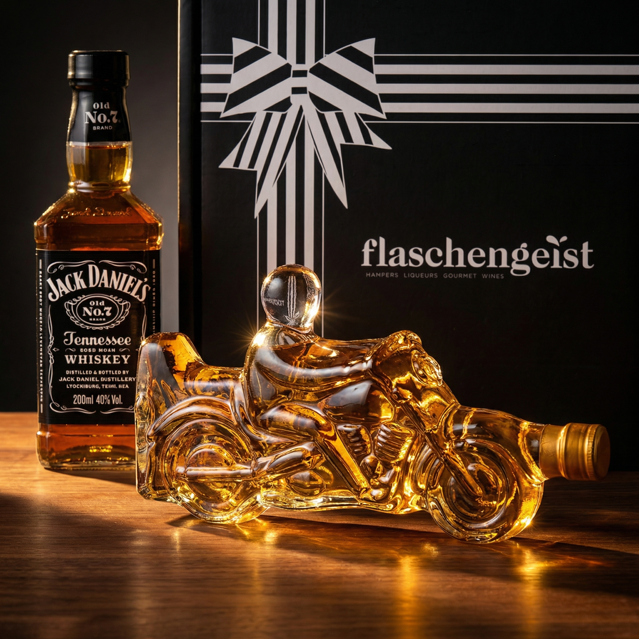 Flaschengeist handcrafted glass motorbike bottle with premium whiskey pairing