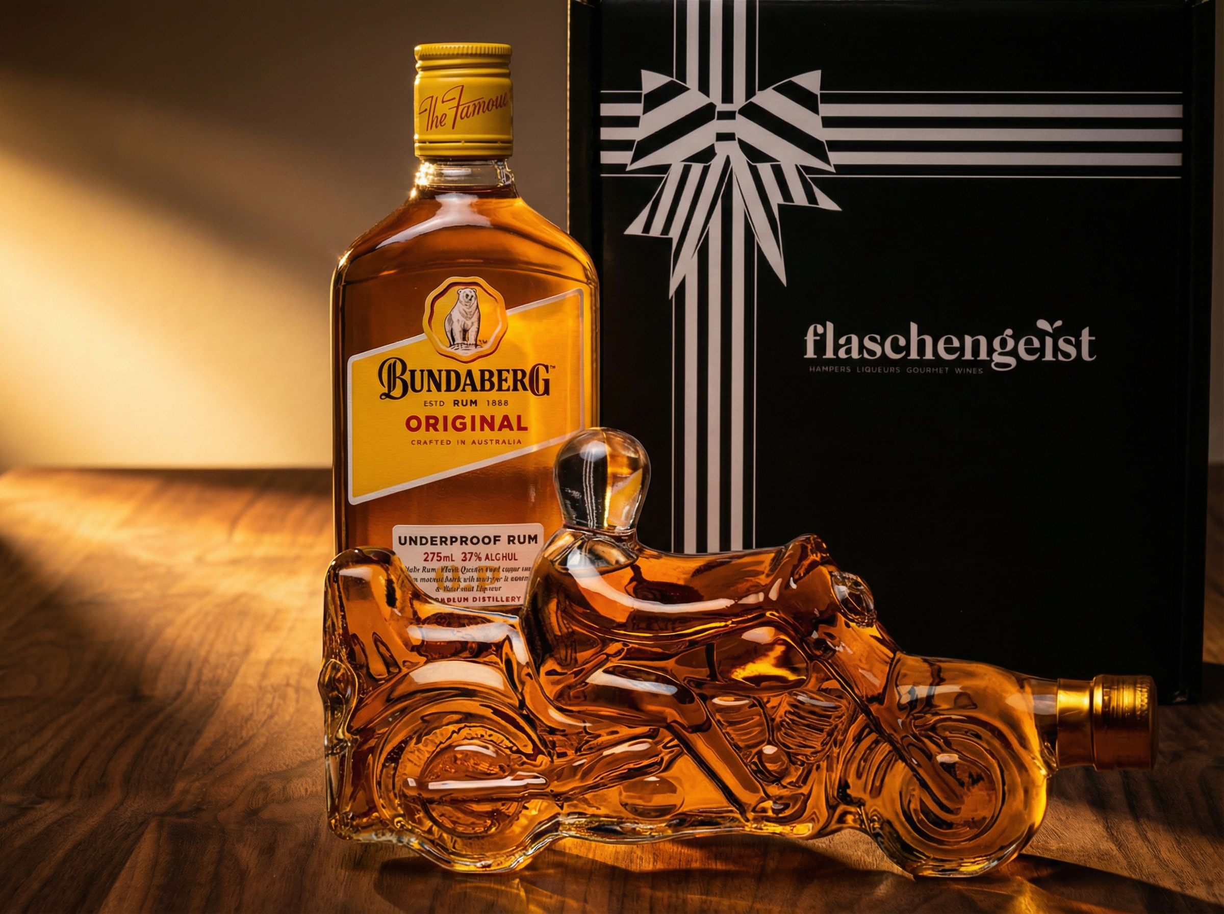 Flaschengeist handcrafted glass motorbike bottle with premium rum pairing