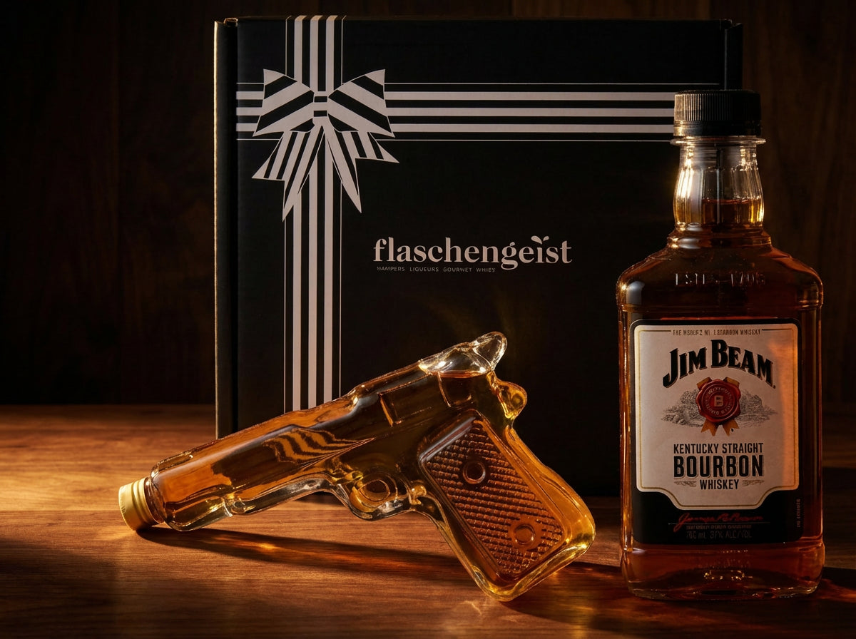Flaschengeist handcrafted glass pistol bottle with bourbon and liqueur pairing
