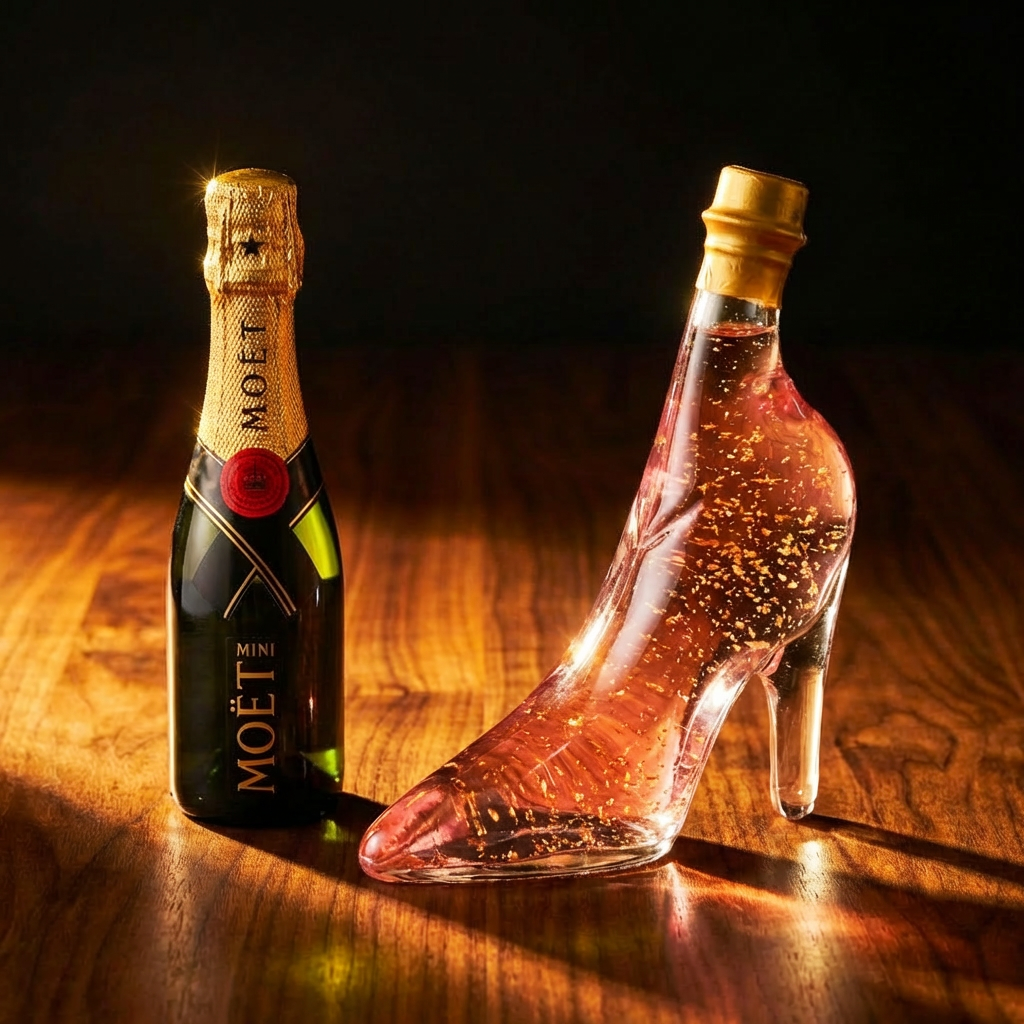 Flaschengeist handcrafted glass stiletto bottle with champagne and gin pairing