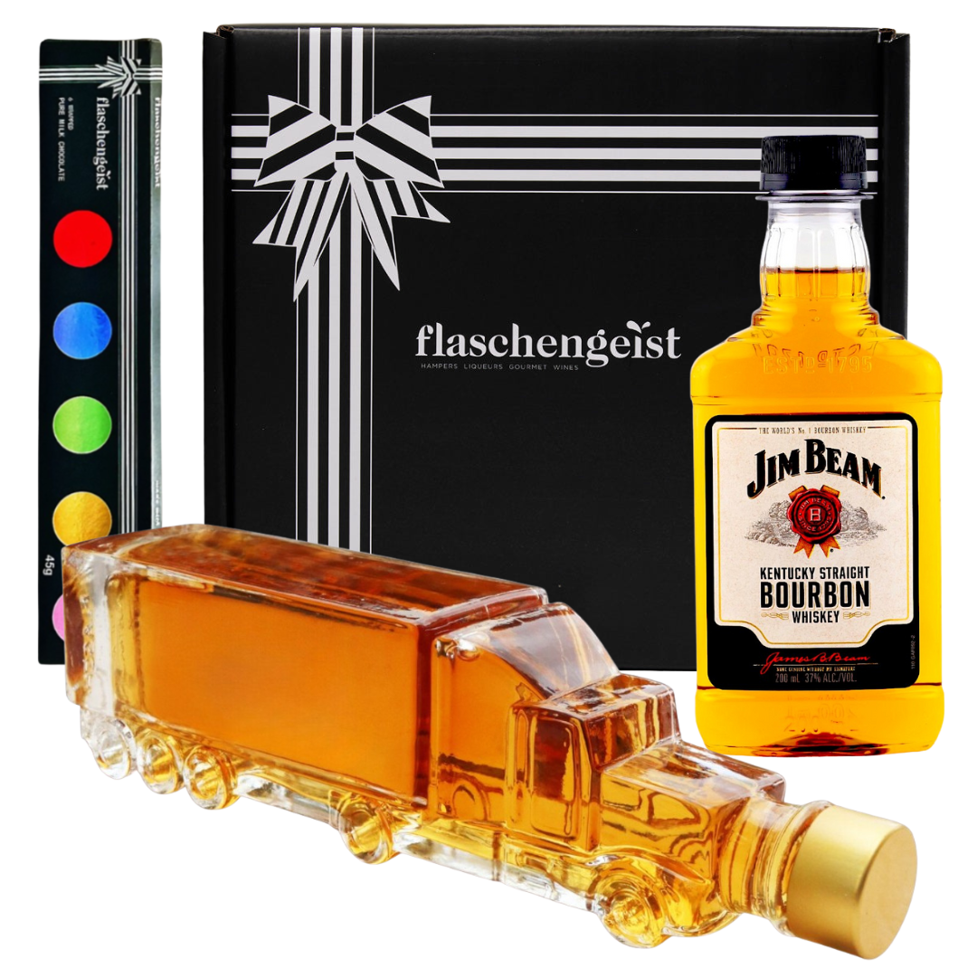 Flaschengeist Truck Bottle Gift Hamper with, Jim Beam Whiskey & Fine Chocolates | Road Trip Ready