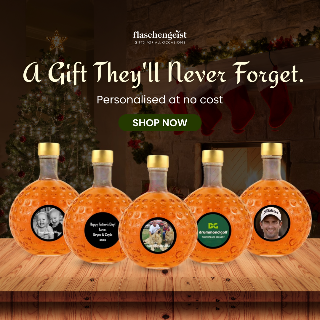 Flaschengeist Ultimate Personalised Gift: FREE Photo or Message on Our 500ml Golf Ball Gift Hamper 2 shot glasses + Flaschengeist Fine Chocolataes
