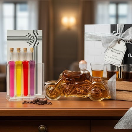 Flaschengeist Artisan Tasting Box and Motorbike + Shot Glasses + Chocolates