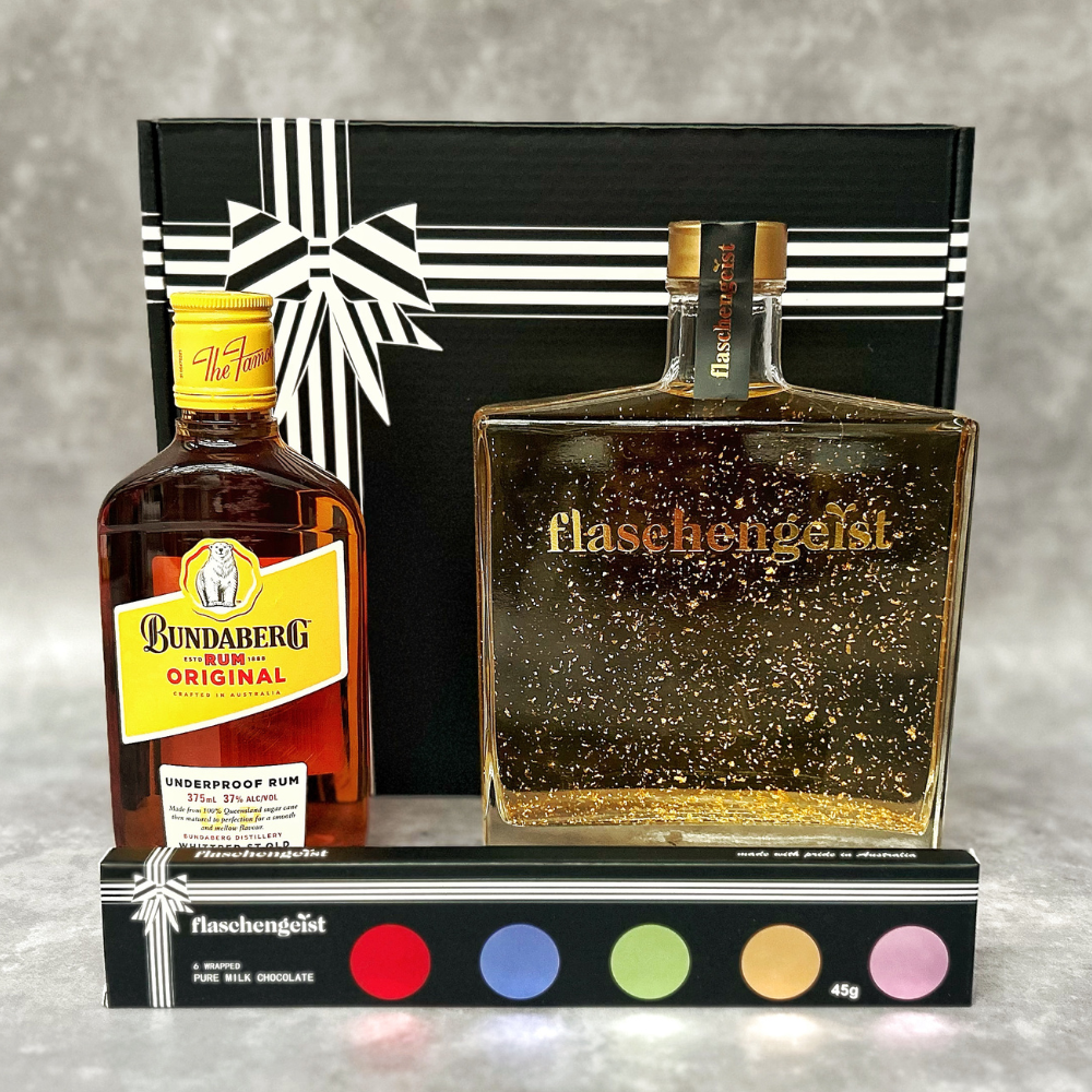 Bundaberg Rum & Flaschengeist Luxe Decanter with Dark Rum and Walnut Liqueur + Gold Flakes and Chocolates