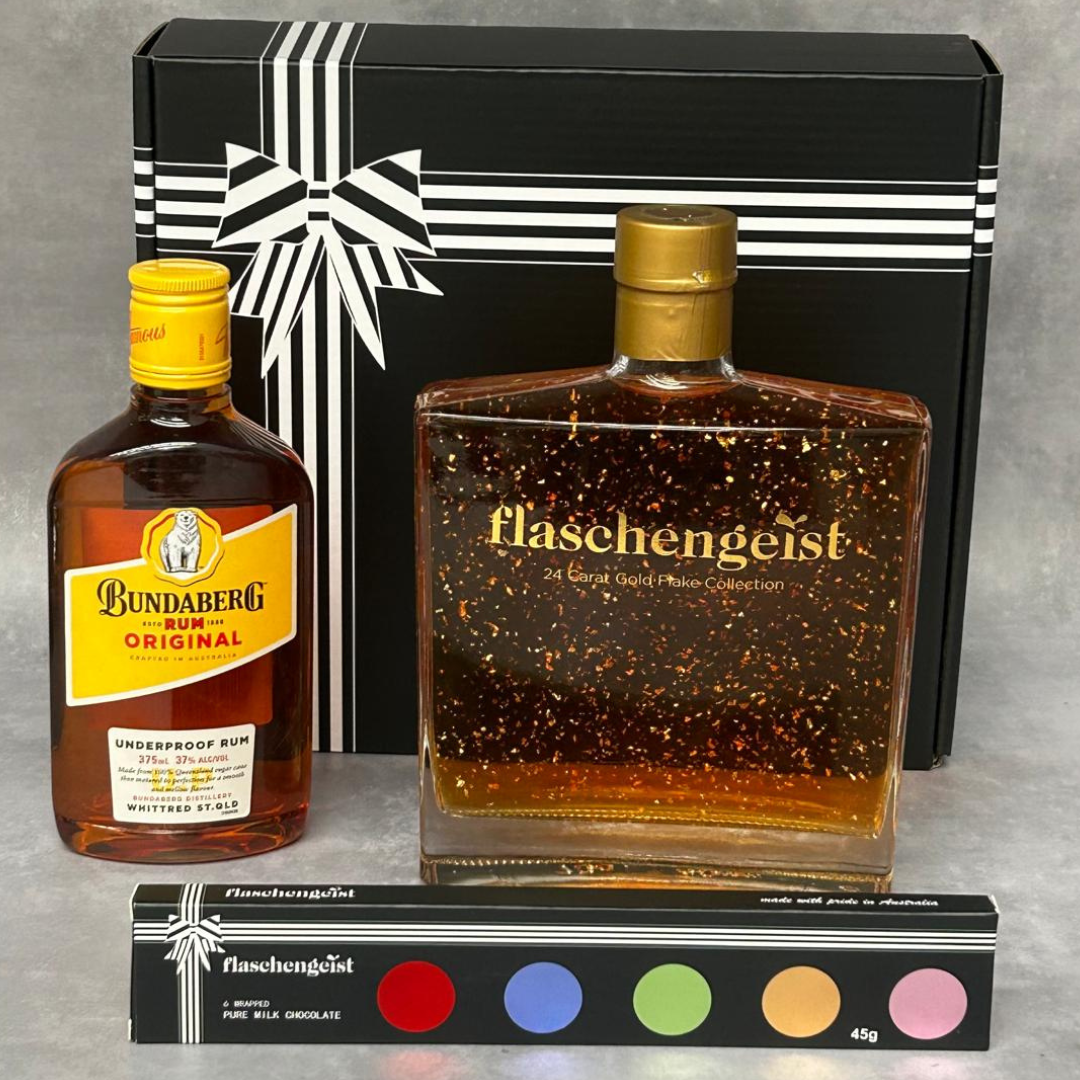 Bundaberg Rum & Flaschengeist Luxe Decanter with Dark Rum and Walnut Liqueur + Gold Flakes and Chocolates