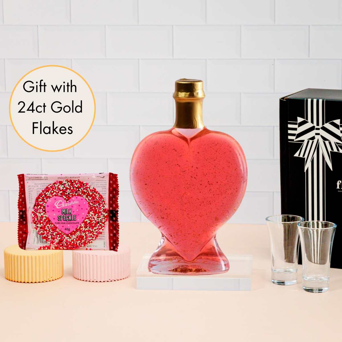 Love Heart Bottle - Raspberry Liqueur 24ct Gold Flakes and Freckle Choc - Gift Box