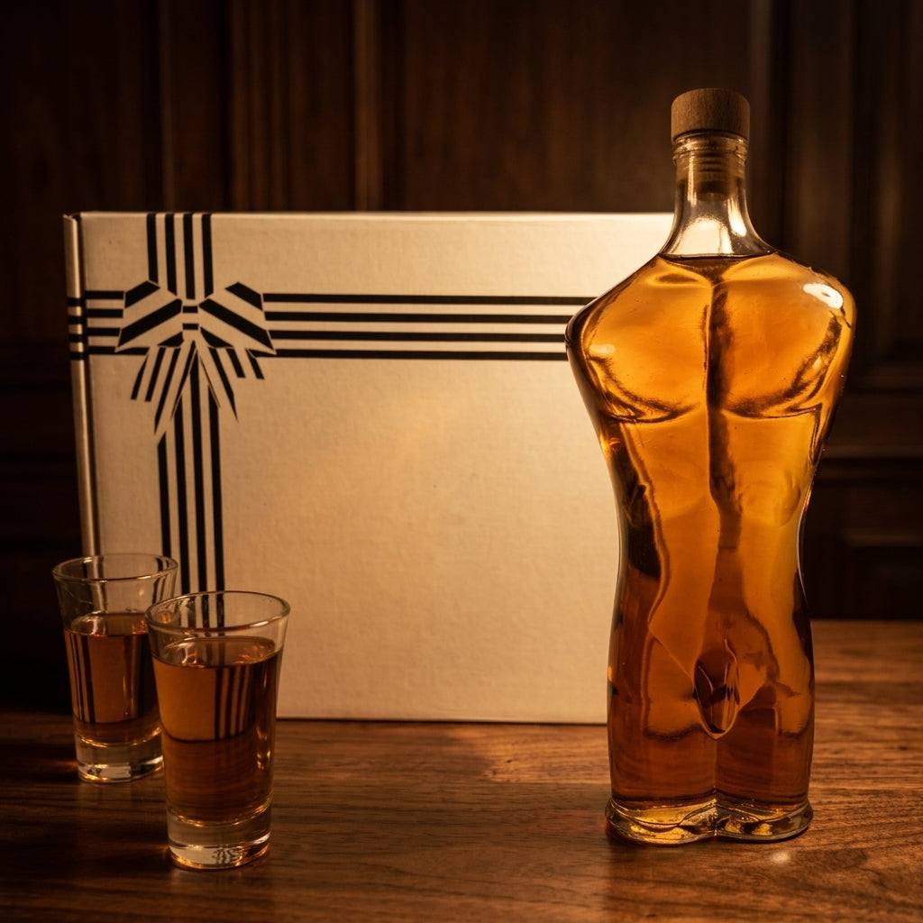 Flaschengeist Adam Decanter Birthday Gift — complete gift set with handcrafted glass Adam decanter bottle, two shot glasses, and premium presentation box
