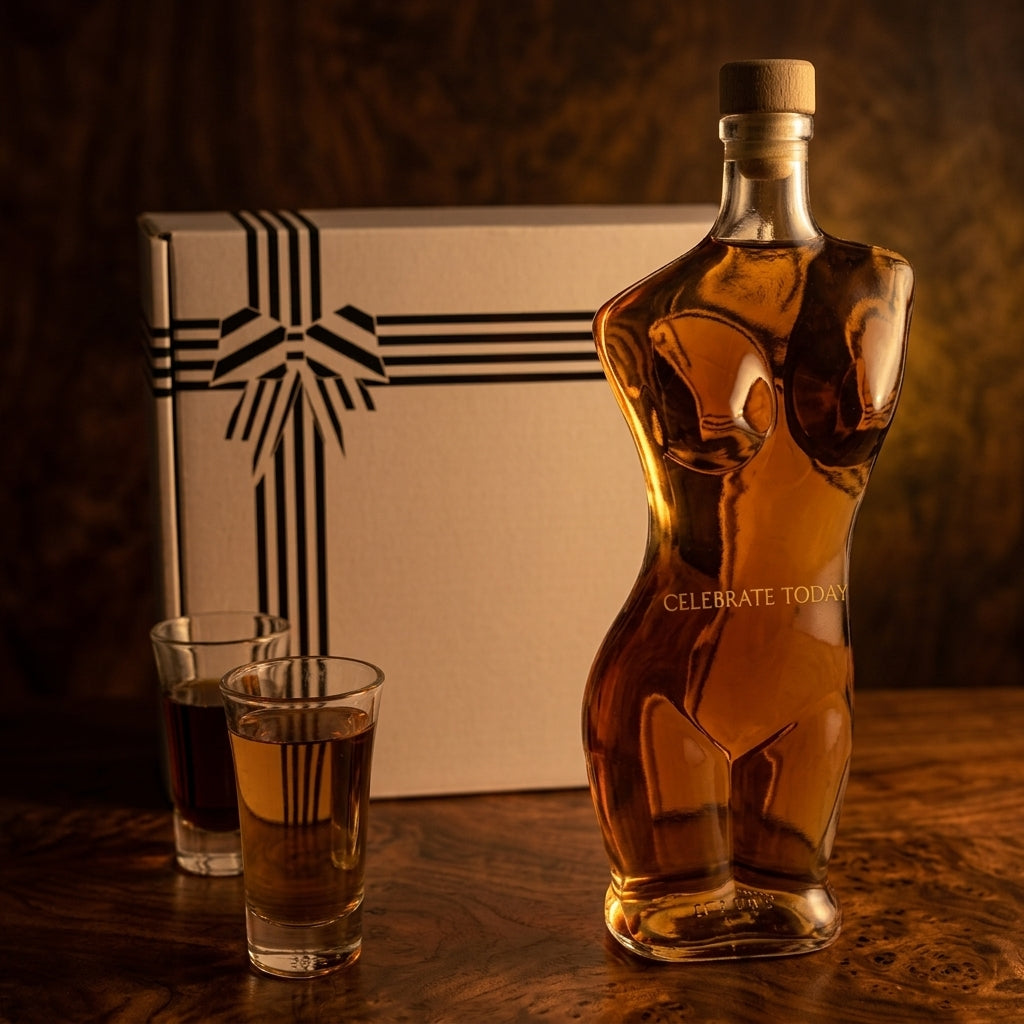 Flaschengeist Eve Decanter Birthday Gift — complete gift set with handcrafted glass Eve decanter bottle, two shot glasses, and premium presentation box
