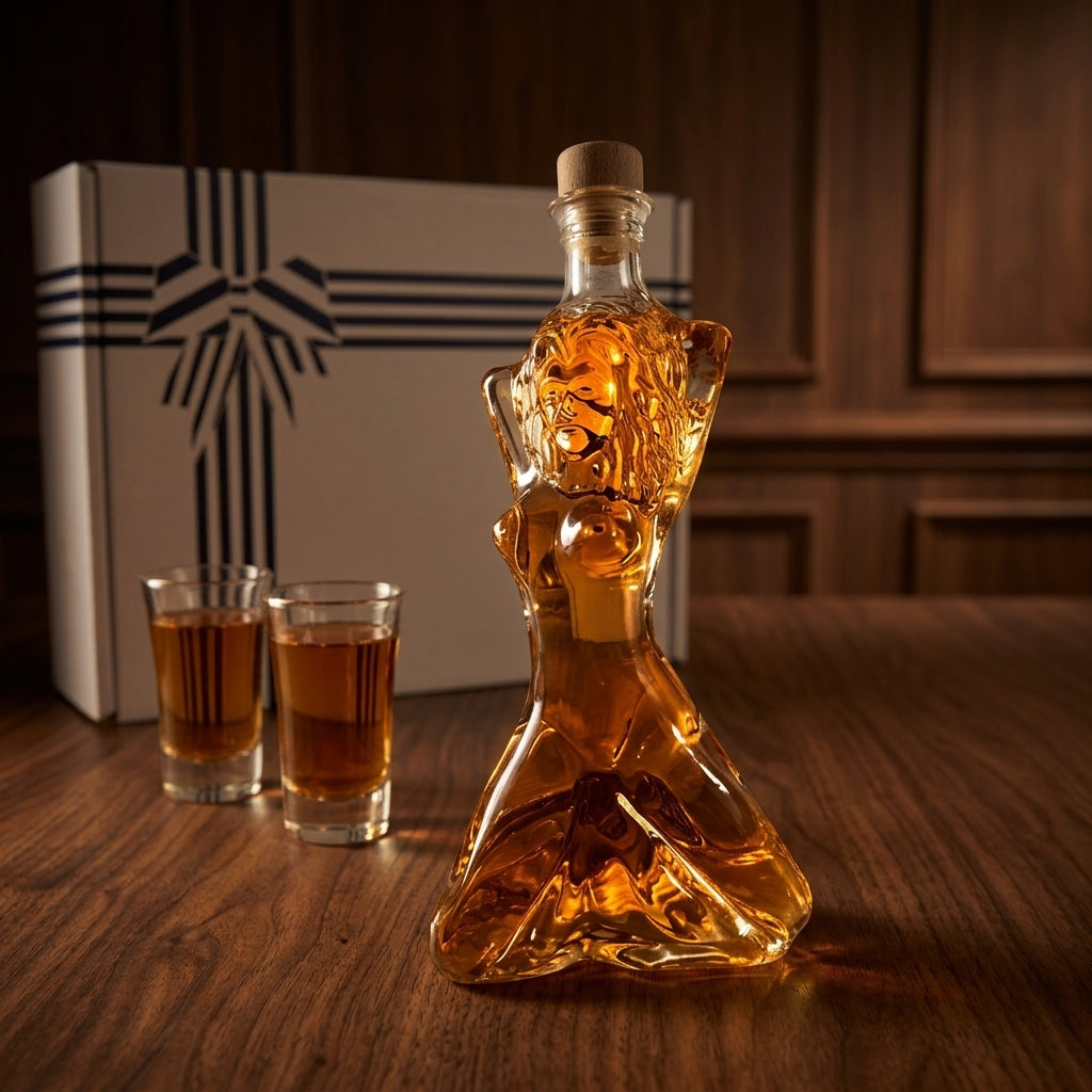 Flaschengeist Goddess Birthday Gift — complete gift set with handcrafted glass Goddess bottle, two shot glasses, and premium presentation box
