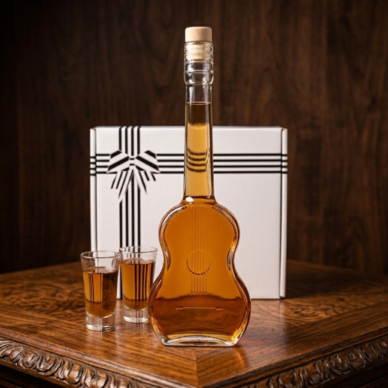 Flaschengeist Guitar Birthday Gift — complete gift set with handcrafted glass guitar bottle, two shot glasses, and premium presentation box
