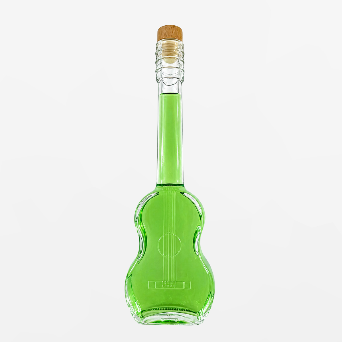 Flaschengeist Guitar Birthday Gift — detailed handcrafted glass guitar bottle filled with premium spirits, front-facing hero shot on cream background
