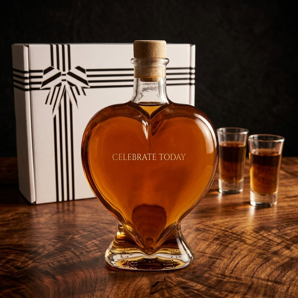 Flaschengeist Heart Birthday Gift — complete gift set with handcrafted glass heart bottle, two shot glasses, and premium presentation box
