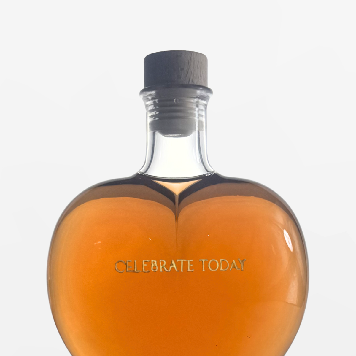 Flaschengeist Heart Birthday Gift — close-up of personalised gold metal label reading Celebrate Today on heart bottle
