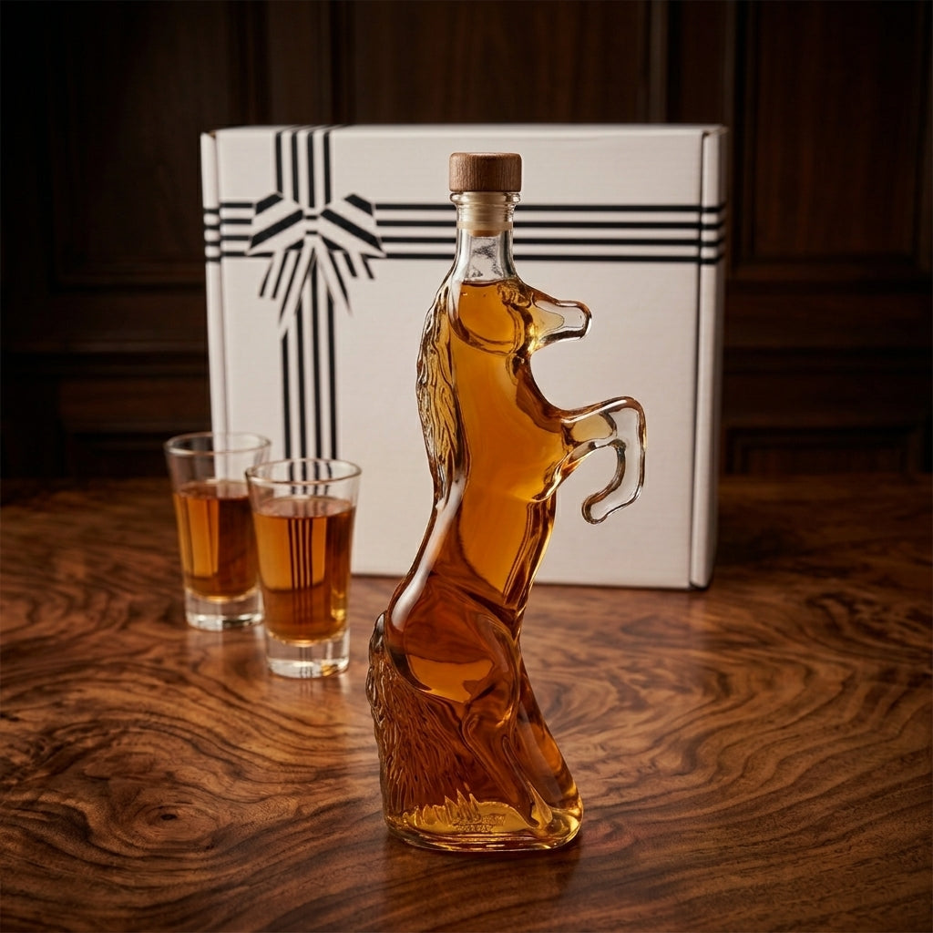 Flaschengeist Horse Birthday Gift — complete gift set with handcrafted glass horse bottle, two shot glasses, and premium presentation box

