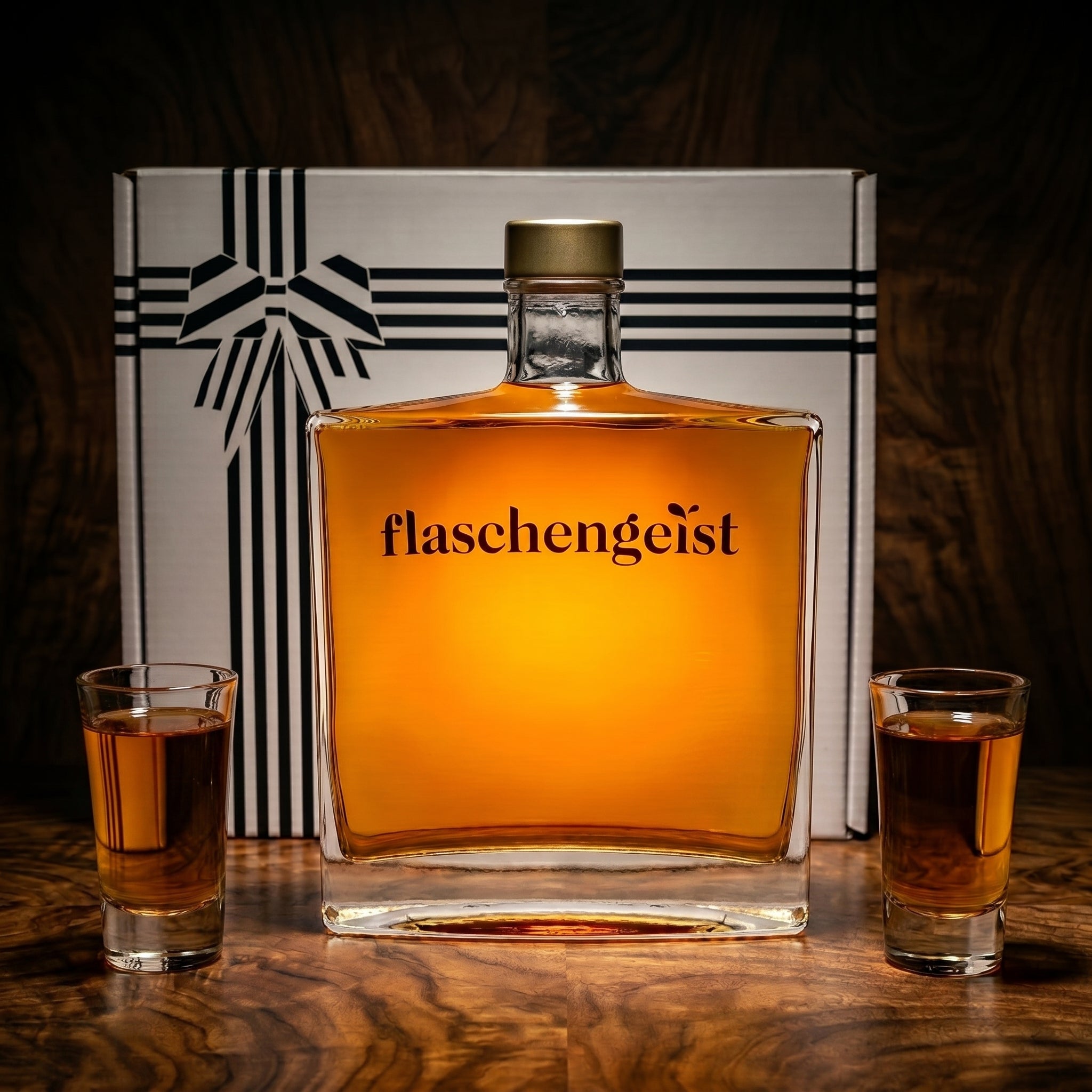 Flaschengeist Luxe Decanter Birthday Gift — complete gift set with handcrafted glass Luxe decanter bottle, two shot glasses, and premium presentation box
