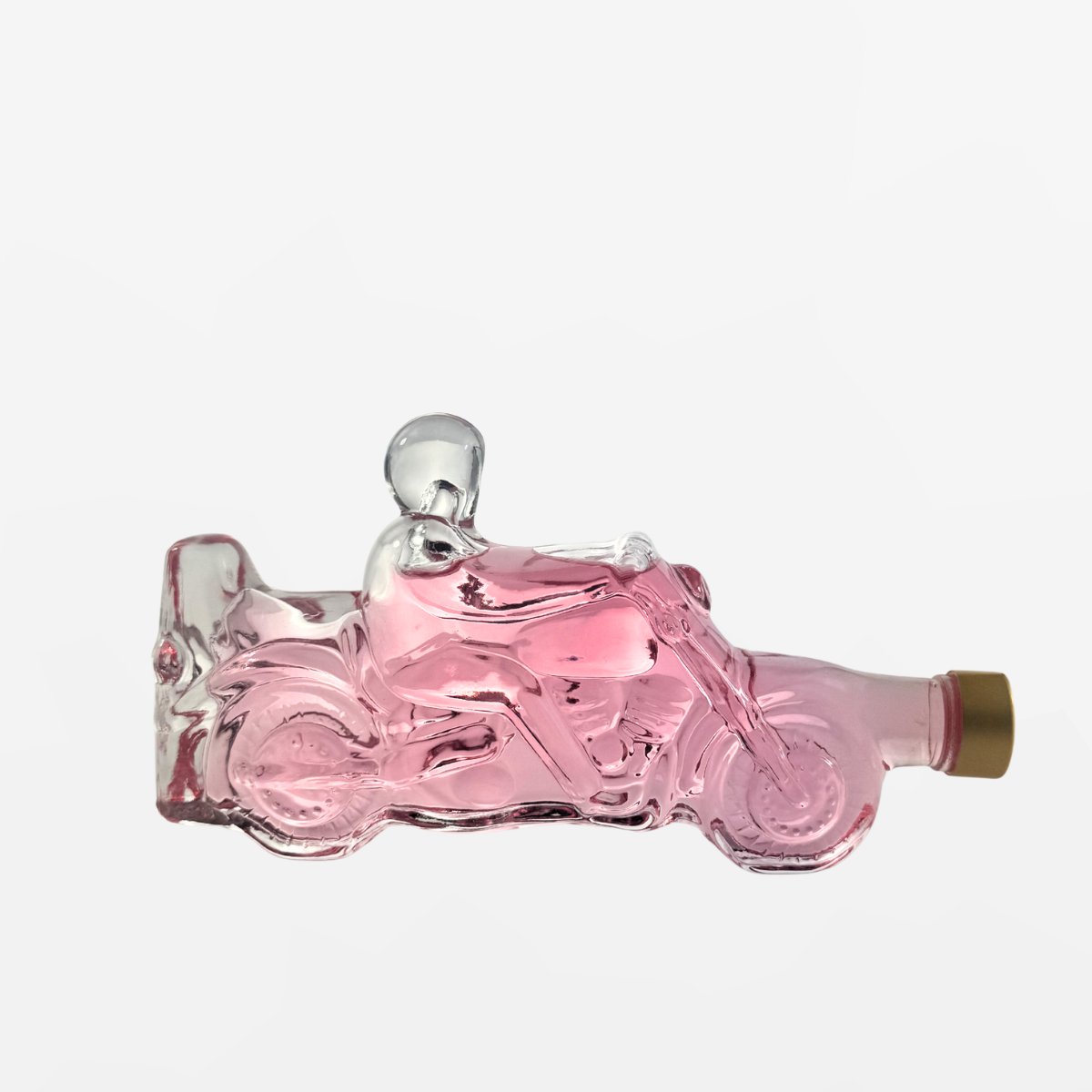 Flaschengeist Motorcycle Birthday Gift — detailed handcrafted glass motorcycle bottle filled with premium spirits, front-facing hero shot on cream background
