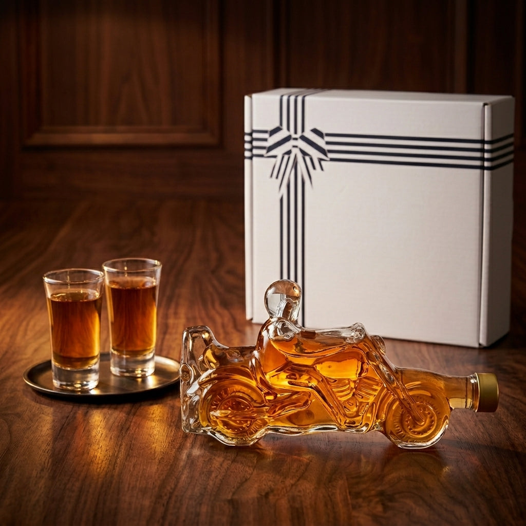 Flaschengeist Motorcycle Birthday Gift — complete gift set with handcrafted glass motorcycle bottle, two shot glasses, and premium presentation box