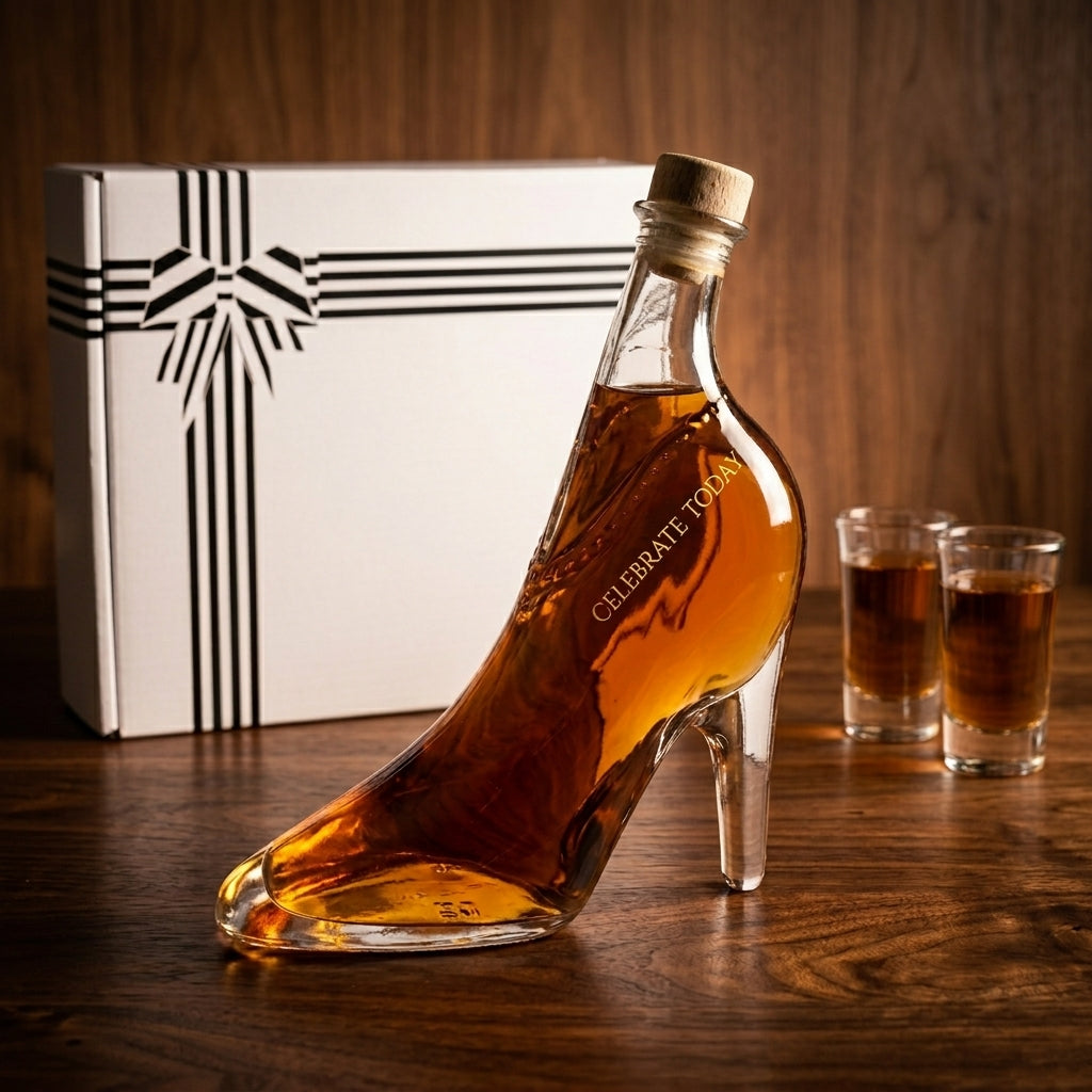 Flaschengeist Stiletto Birthday Gift — complete gift set with handcrafted glass stiletto heel bottle, two shot glasses, and premium presentation box
