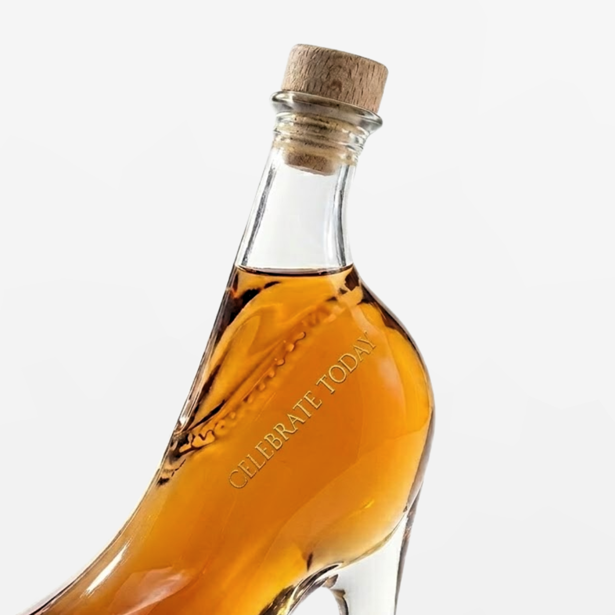 Flaschengeist Stiletto Birthday Gift — close-up of personalised gold metal label reading Celebrate Today on stiletto heel bottle
