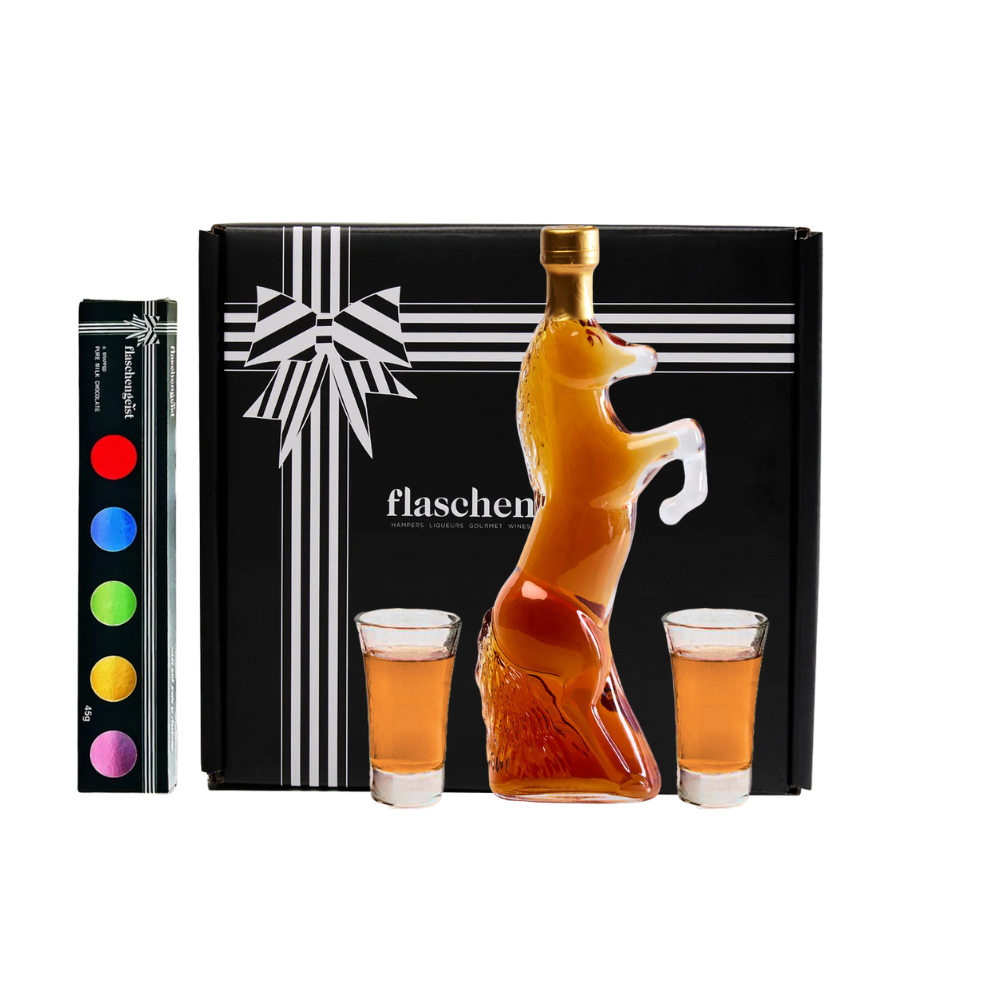 Flaschengeist Horse Bottle + Fine Chocolates + 2 shot glasses Gift Box - A Timeless Tribute