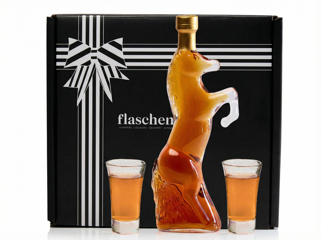 Flaschengeist Horse Bottle + Fine Chocolates + 2 shot glasses Gift Box - A Timeless Tribute